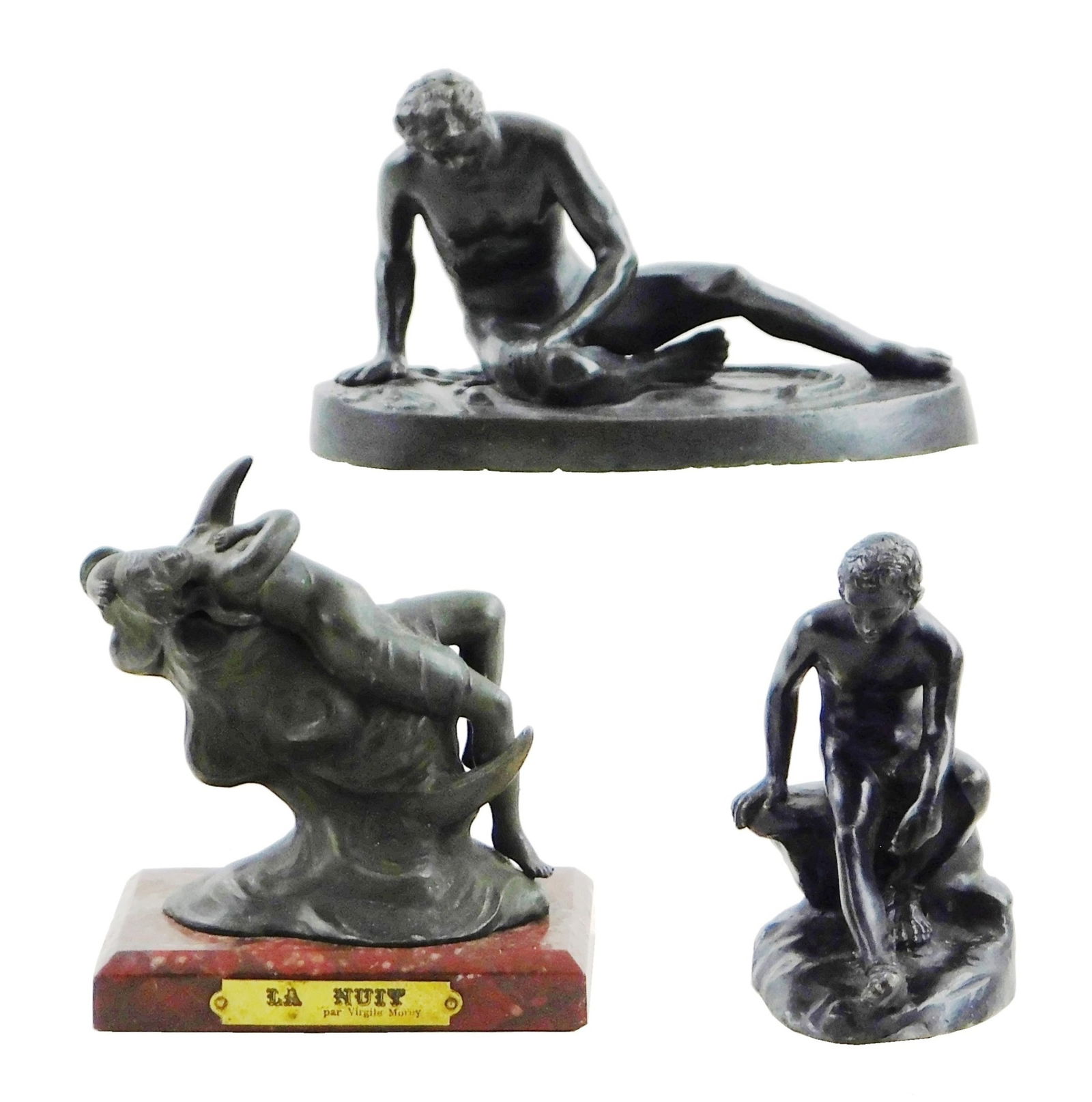SCULPTURE: Three small bronzes, including two Grand Tour souvineirs, "The Dying Gaul", and "Seated: SCULPTURE: Three small bronzes, including two Grand Tour souvineirs, "The Dying Gaul", and "Seated Hermes"; along with Nouveau style "La Nuit" by Virgile Morey, a woman reclines on a crescent moon, sp