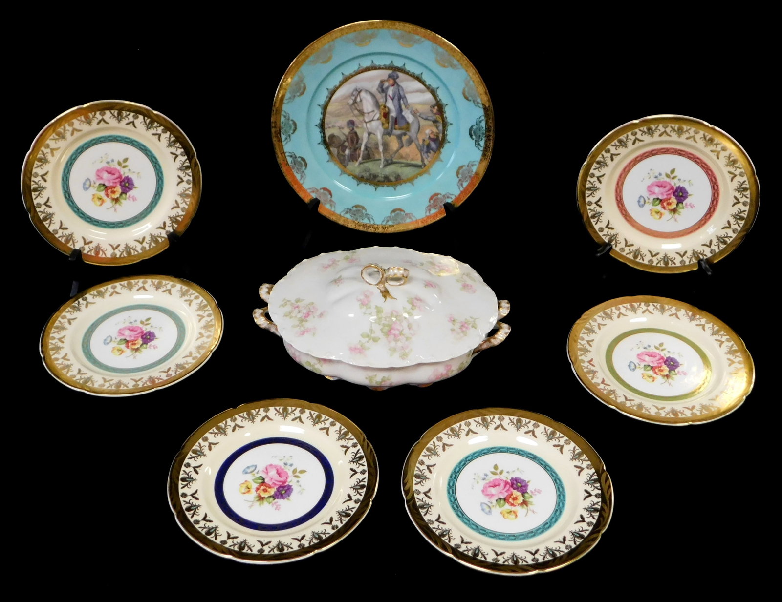 Limoges, Royal Grafton, etc., eight pieces of porcelain, 20th C., the first a Limoges covered: Limoges, Royal Grafton, etc., eight pieces of porcelain, 20th C., the first a Limoges covered serving dish, delicate pink flowers throughout, gilt accents to ribbon-form handles, finial and base, area