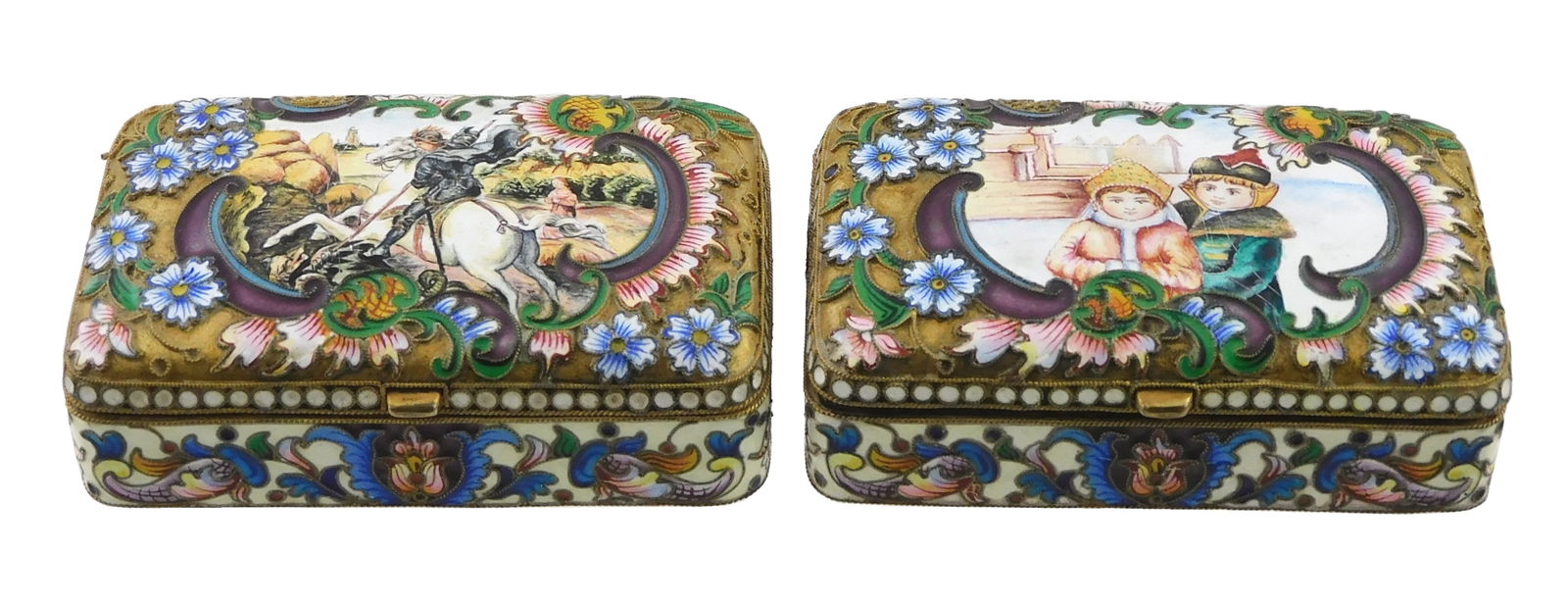 SILVER: Two Russian gilt silver enamel boxes, pair, each featuring a miniature painting on the: SILVER: Two Russian gilt silver enamel boxes, pair, each featuring a miniature painting on the cover, one of young children in Russian national costumes, second of Saint George slaying the dragon, eac