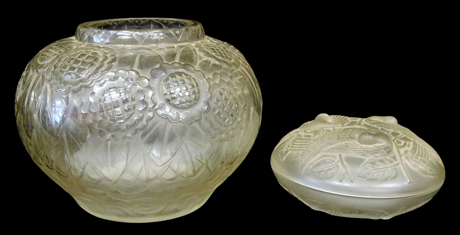 ART GLASS: Andre Hunebelle, etc., two frosted art glass vessels, including: Andre Hunebelle frosted: ART GLASS: Andre Hunebelle, etc., two frosted art glass vessels, including: Andre Hunebelle frosted glass vase, early 20th C., with floral and foliate decoration, signed in mold "A. Hunebelle", 4 1/2"