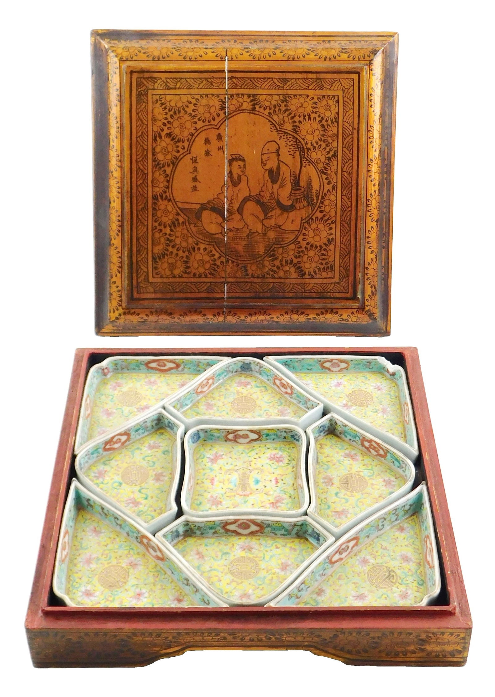 ASIAN: Yellow sweetmeat dish set in square fitted box, Chinese export, late 19th C. or later, nine: ASIAN: Yellow sweetmeat dish set in square fitted box, Chinese export, late 19th C. or later, nine part serving set, housed in gilt lacquered box with floral decoration, and scene on lid with two peop