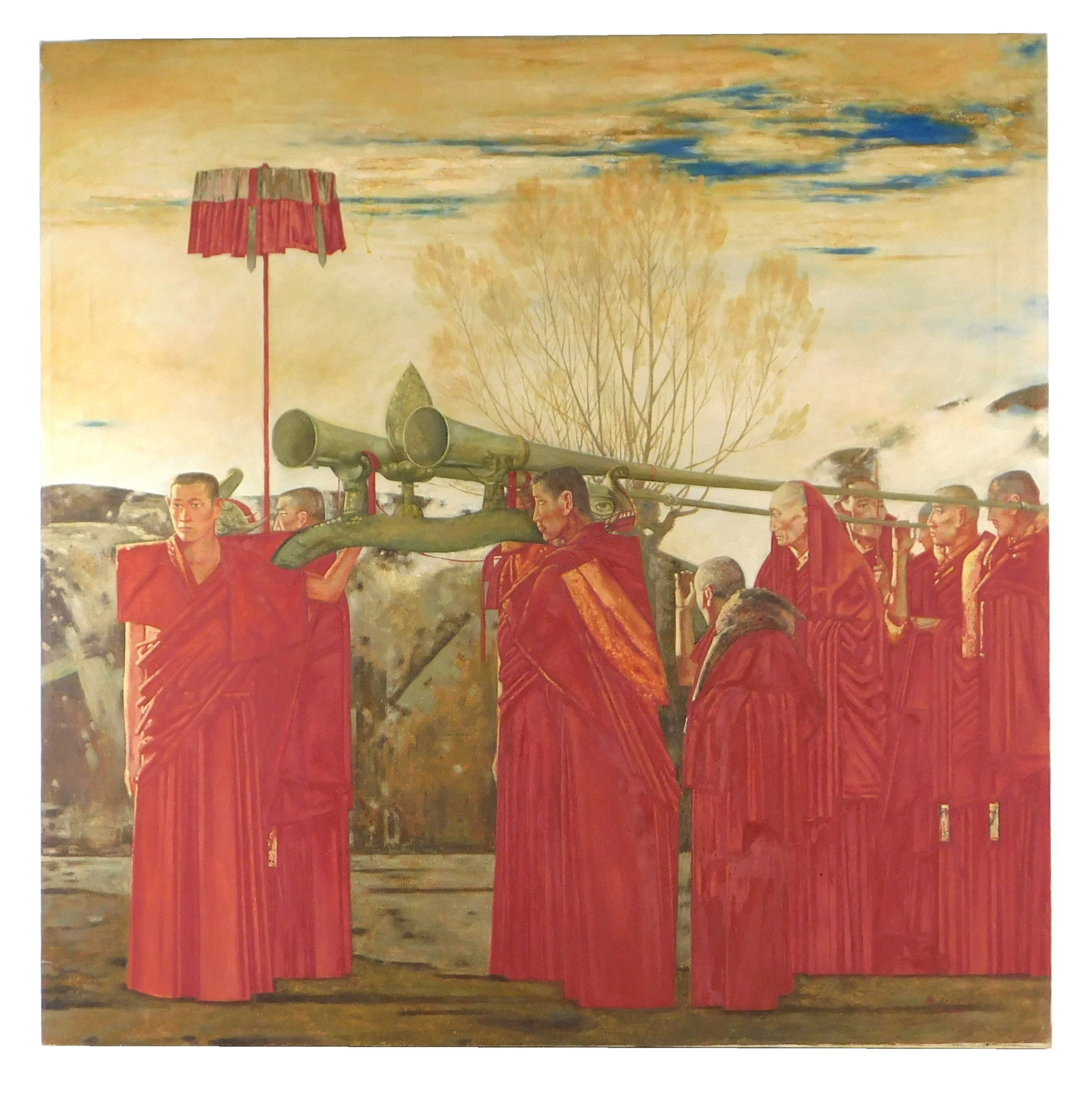+Ma Yuan (Chinese, 1959-), "Travel(2)", 1992, contemporary oil painting on canvas, depicting Tibetan: +Ma Yuan (Chinese, 1959-), "Travel(2)", 1992, contemporary oil painting on canvas, depicting Tibetan monks carrying a large horn and banners, each dressed in red robes, with mountains and trees in the