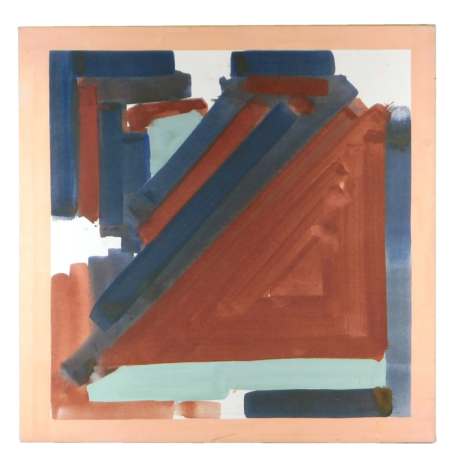 Attributed Nancy Van Deren (American, b. 1944), "Untitled", c. 1972, oil on canvas, depicts a: Attributed Nancy Van Deren (American, b. 1944), "Untitled", c. 1972, oil on canvas, depicts a polychrome geometric assemblage in tones of blue, deep red, pink and white, no signature viewed, unframed,