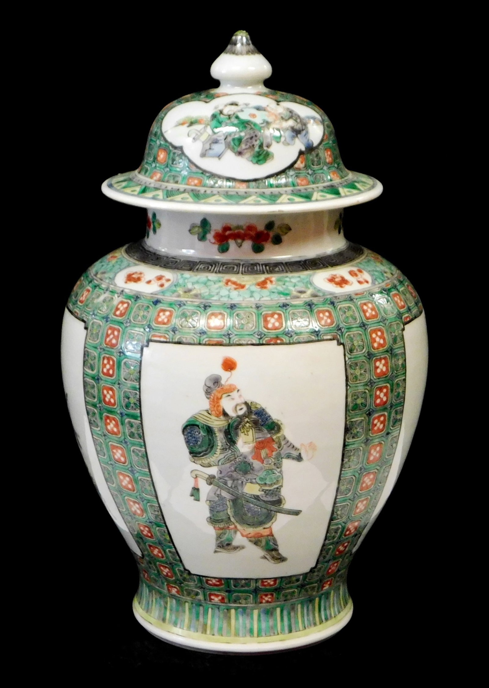 ASIAN: Kangxi style Chinese export Famille-verte baluster form ginger jar, Qing dynasty, with panels: ASIAN: Kangxi style Chinese export Famille-verte baluster form ginger jar, Qing dynasty, with panels depicting individuals of various professions and classes, including warriors, women, tradesmen, etc