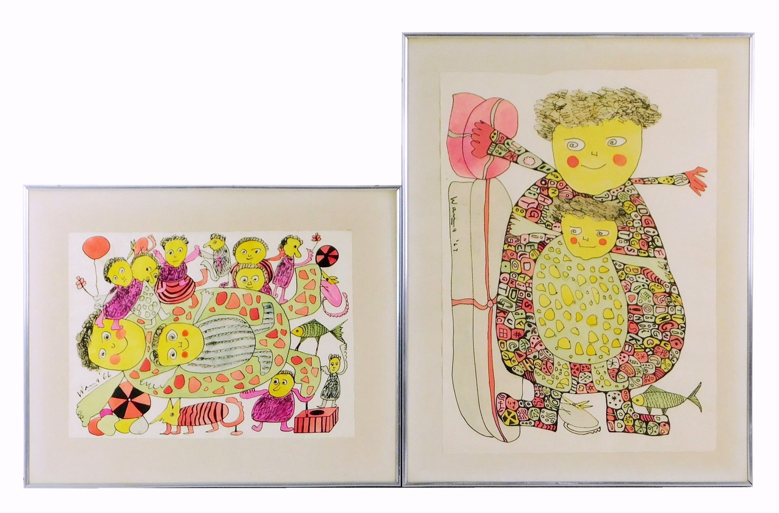 Wang Hui-Ming (Chinese/American, 1922-2006), two framed watercolors, details include: "Mother & Son: Wang Hui-Ming (Chinese/American, 1922-2006), two framed watercolors, details include: "Mother & Son and Some Other People Too", 1966, depicts two round main figures at center surrounded by other simil