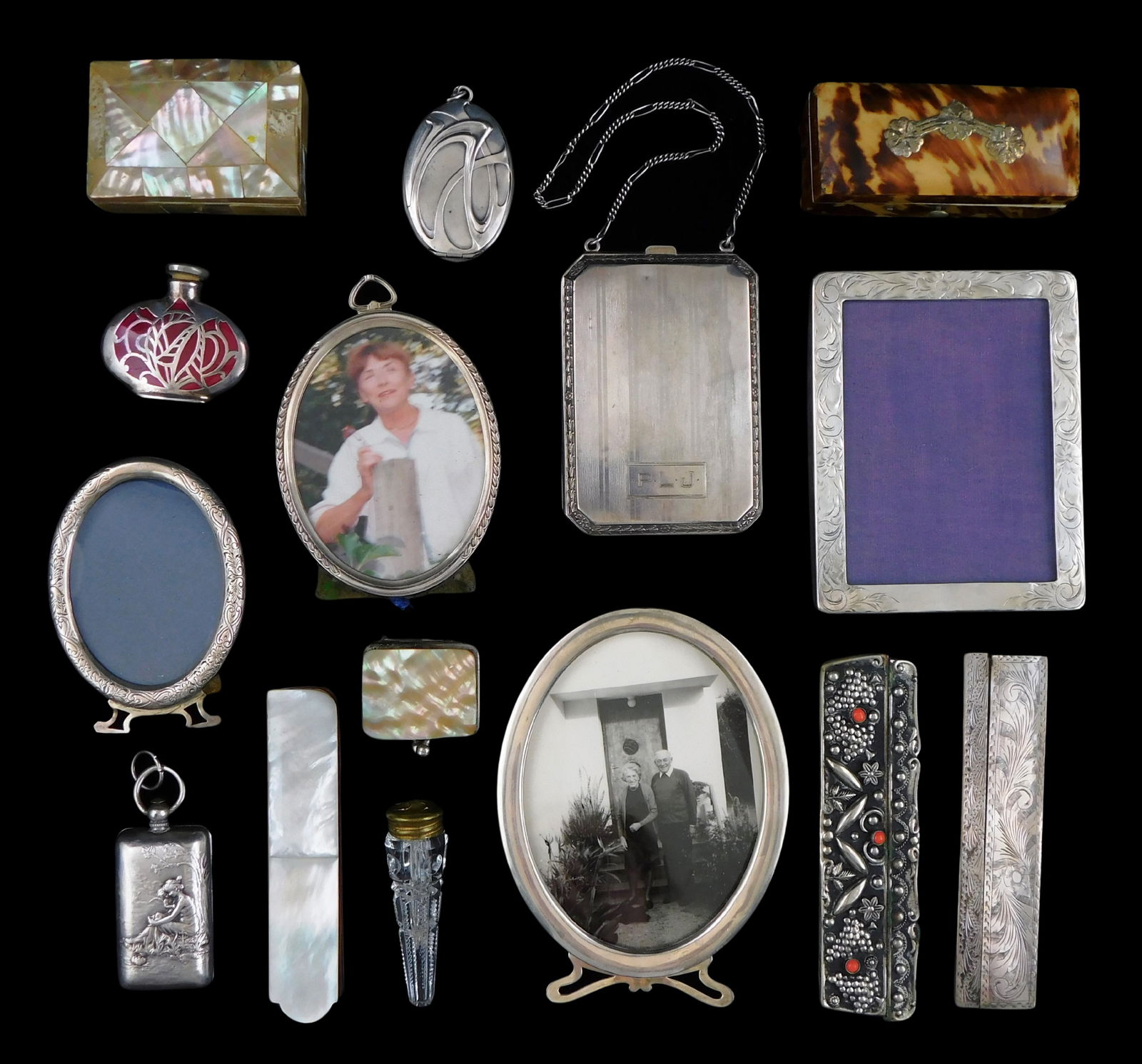 Vanity and other accessories, many sterling, silver, mother of pearl, etc., including: four sterling: Vanity and other accessories, many sterling, silver, mother of pearl, etc., including: four sterling frames, three oval and one square with floral decoration, sterling portions weigh 1.8 ozt.; sterlin
