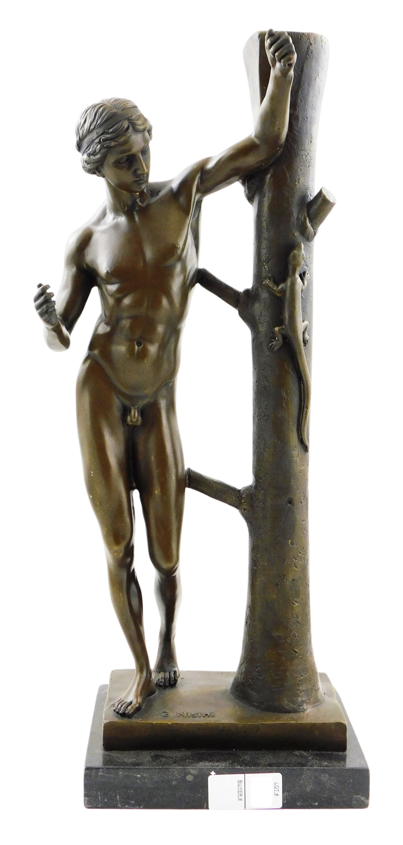 SCULPTURE: After Giovanni Nisini, classical bronze, nude male standing against tree, marble plinth,: SCULPTURE: After Giovanni Nisini, classical bronze, nude male standing against tree, marble plinth, expected surface wear, 21 3/4" h.