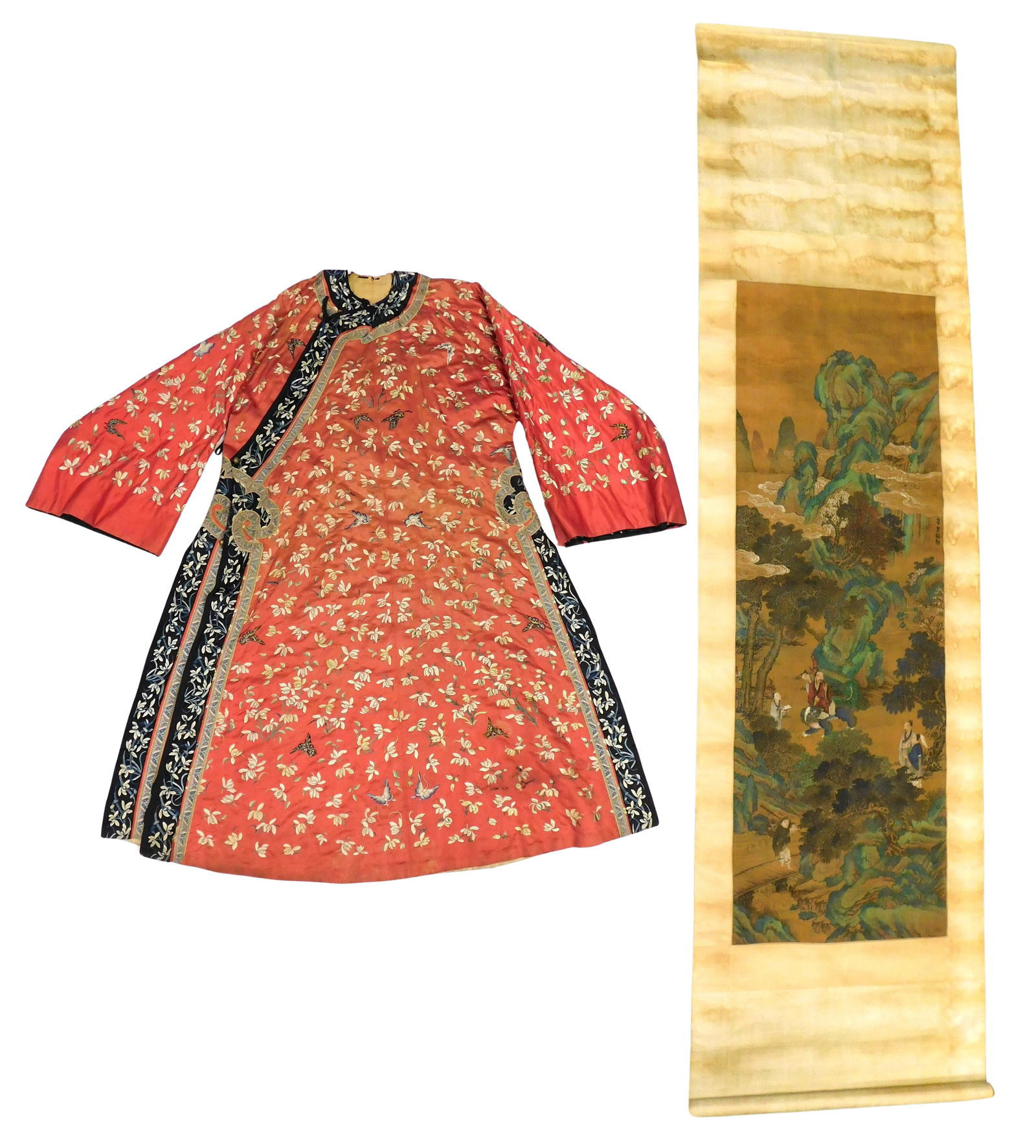 ASIAN: Chinese scroll and Japanese silk dress, details include: Watercolor on paper mounted to: ASIAN: Chinese scroll and Japanese silk dress, details include: Watercolor on paper mounted to scroll, Chinese, Qing Dynasty or later, mountainous landscape with figures with vibrant colors, wear cons