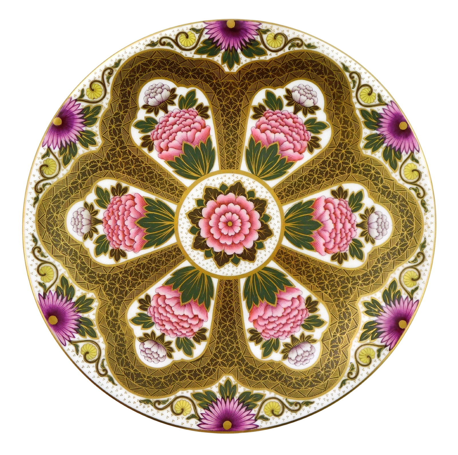 Royal Worcester cabinet plate, 1882, floral and geometric designs, transferware with gilt and hand: Royal Worcester cabinet plate, 1882, floral and geometric designs, transferware with gilt and hand painted highlights, wear consistent with age, 9" diam. [Being sold to benefit a New England Instituti