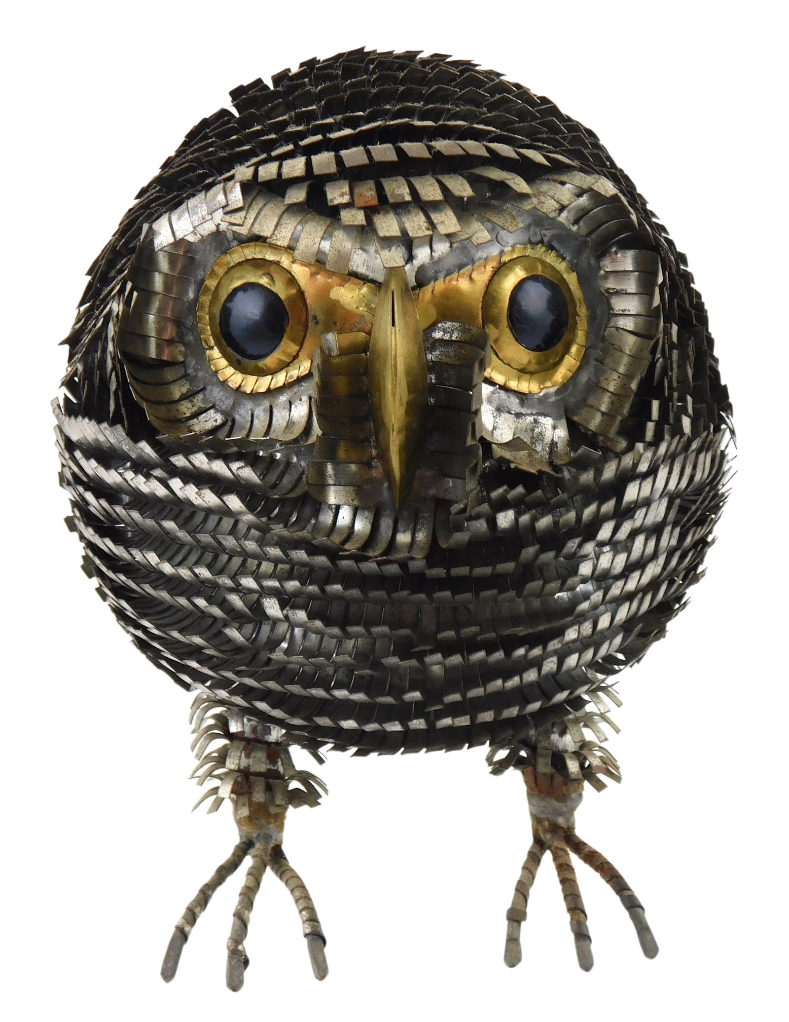 Brutalist Owl Sculpture, in the manner of Curtis Jere, mid century, mixed metal, glass eyes, wear (1 of 3)