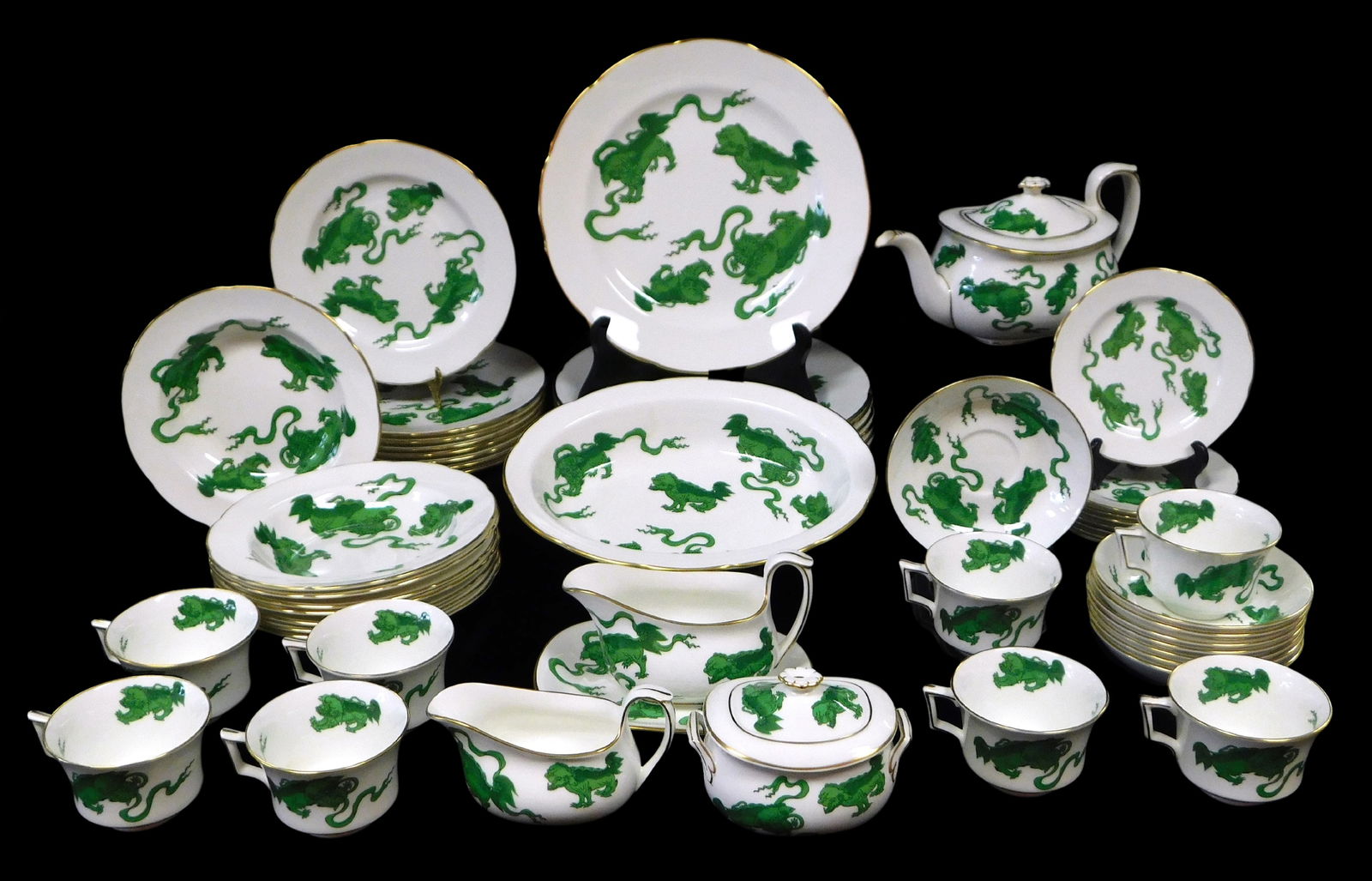Wedgwood "Green Chinese Tiger" porcelain dinnerware, fifty-three pieces, 1984- 1993, pattern is (1 of 7)