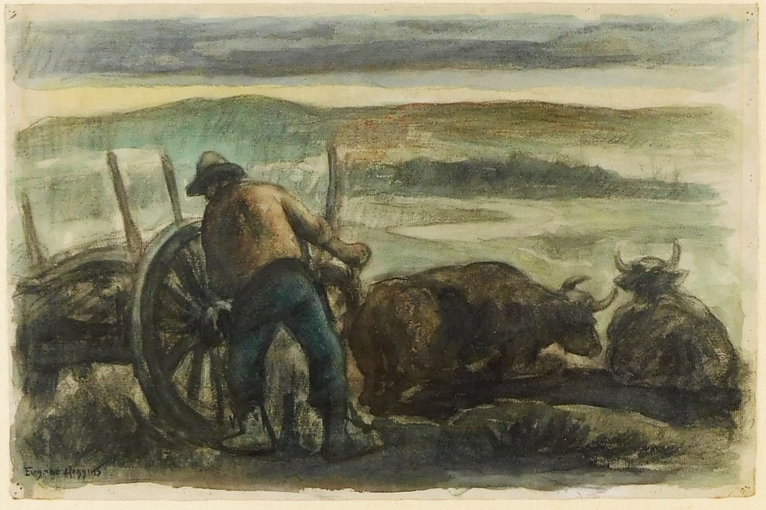 Eugene Higgins (American, 1874-1958), "Farmer and Oxen", watercolor on paper, rural scene of farmer (1 of 4)