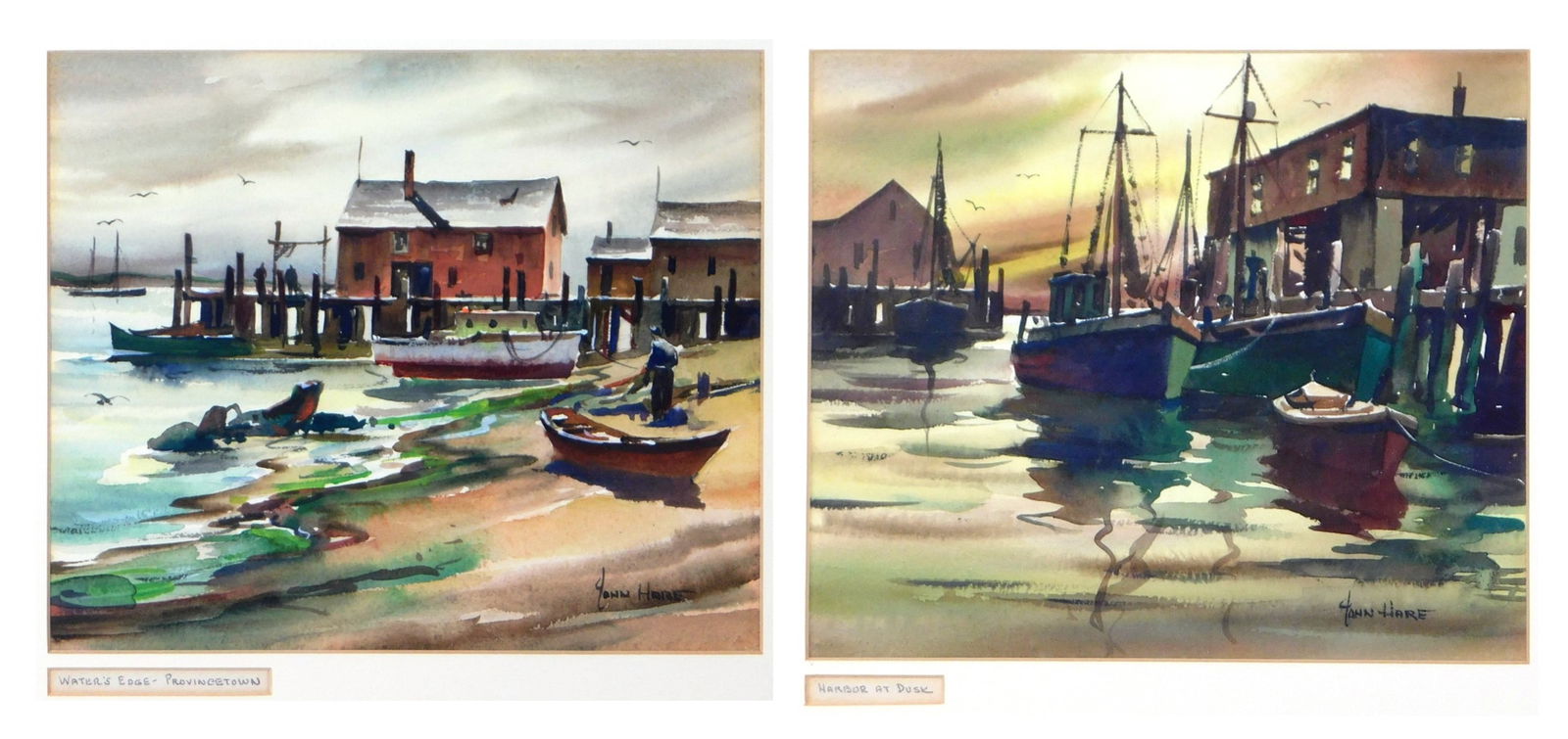 John Cuthbert Hare (New England, 1908-1978), two framed harbor scenes, each watercolor on paper,: John Cuthbert Hare (New England, 1908-1978), two framed harbor scenes, each watercolor on paper, including: "Harbor At Dusk", possible Gloucester scene of boats in a harbor, with colorful dusk sky and