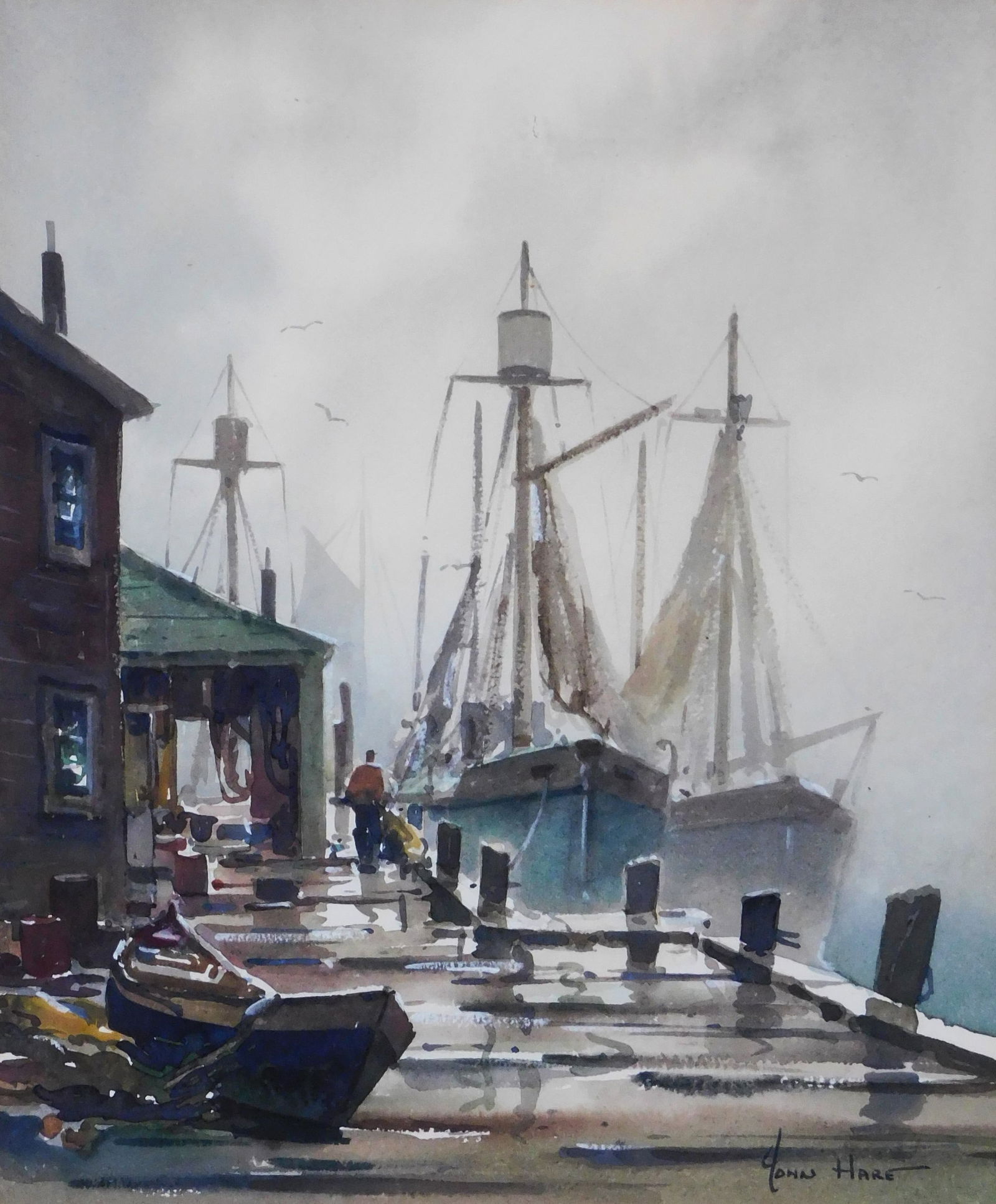 John Cuthbert Hare (New England, 1908-1978), watercolor on paper, traditional harbor scene of pier: John Cuthbert Hare (New England, 1908-1978), watercolor on paper, traditional harbor scene of pier enveloped by fog, two sail boats to the right, and figure walking along the pier, signed lower right,