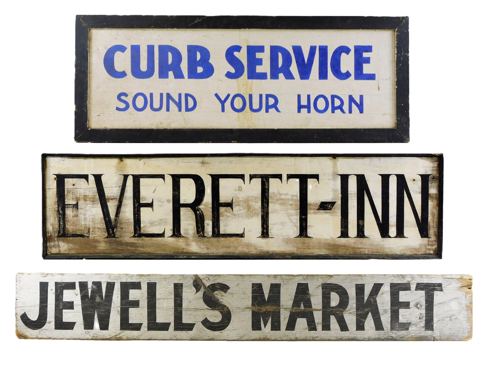 ADVERTISING: Three larger painted wooden advertising signs, including: "Curb Service, Sound Your: ADVERTISING: Three larger painted wooden advertising signs, including: "Curb Service, Sound Your Horn", blue text on white, with black frame, 38 3/4" l.; "Everett-Inn", black text on white, with black