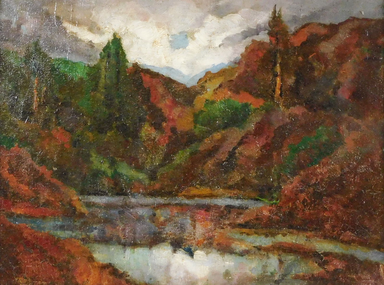 Oscar Fehrer (New York, 1872-1958), "Crystal Waters", oil on canvas board, mountain landscape with (1 of 4)