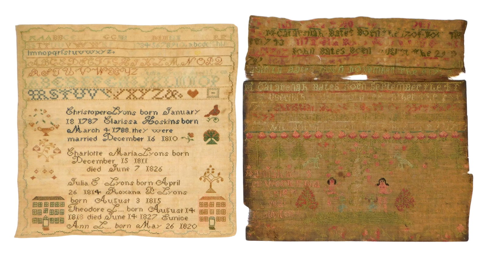 Two early schoolgirl samplers: first a needlework sampler by Julia E. Lyons, c. 1860, American,,: Two early schoolgirl samplers: first a needlework sampler by Julia E. Lyons, c. 1860, American,, silk thread on linen, cross-stitch, floral vine border, center of needlework described in descending or