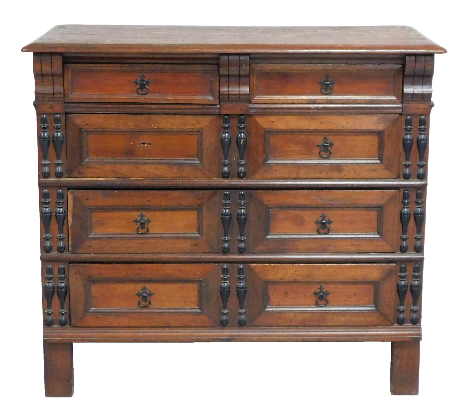 Chest of drawers, Pilgrim style, 20th C, oak, cherry, 2 over 3 drawers with split turning: Chest of drawers, Pilgrim style, 20th C, oak, cherry, 2 over 3 drawers with split turning decoration, drawers faced with molded cherry, Pilgrim style pulls, 37" h., 41" w., 21" diam., feet extended, m