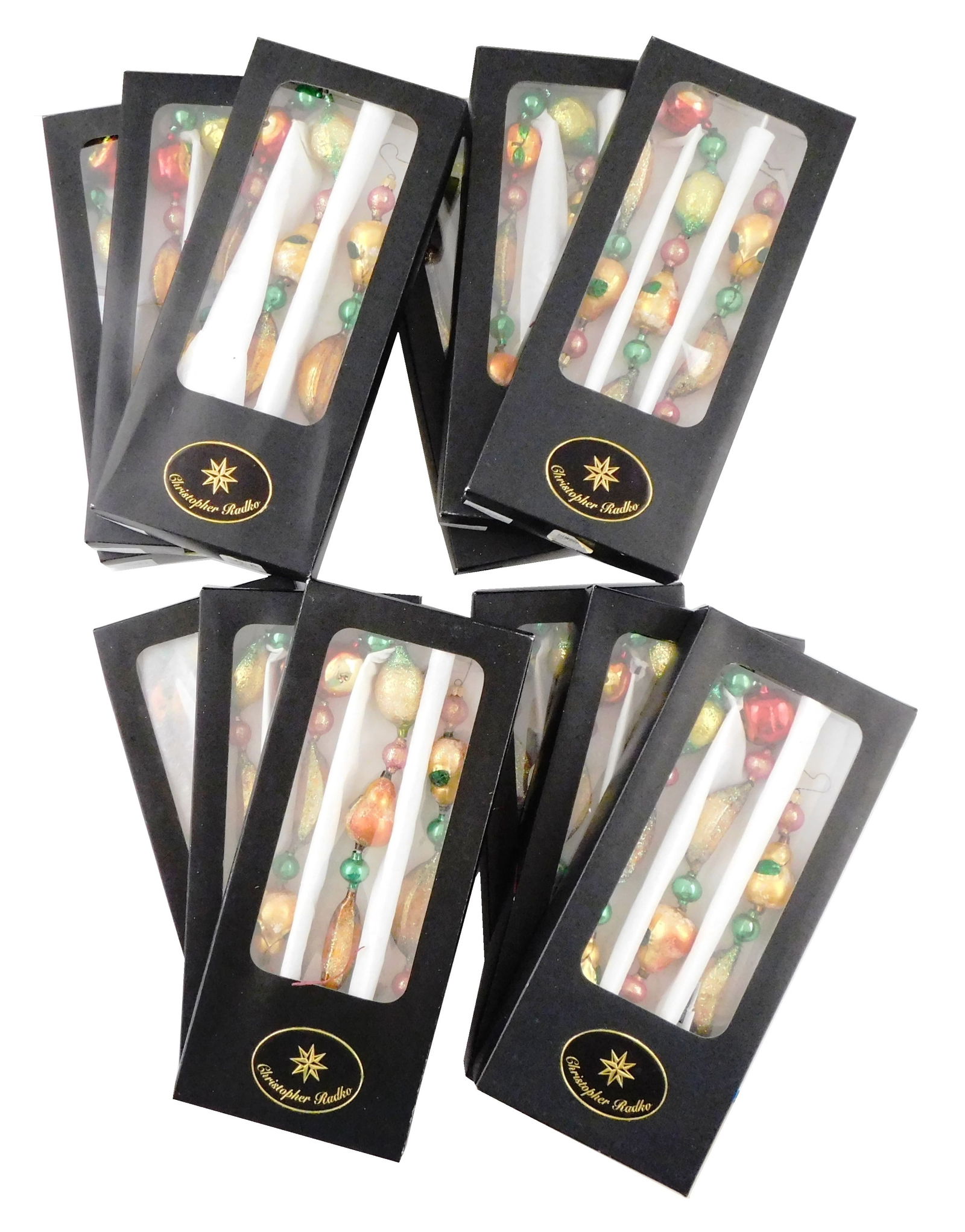 Christopher Radko glass fruit motif Christmas garland, still in original boxes, twelve boxes total, (1 of 2)