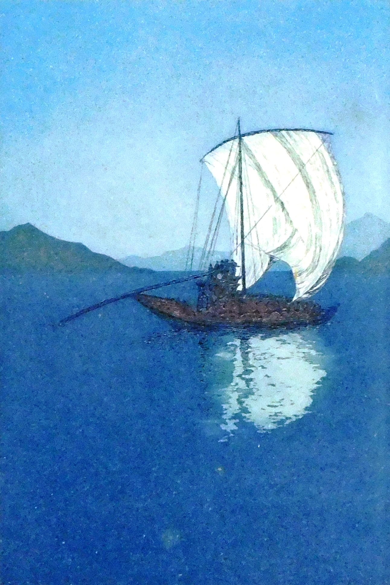 John Taylor Arms (American 1887-1953), "Still Waters", 1919, etching, depicts sailboat with single: John Taylor Arms (American 1887-1953), "Still Waters", 1919, etching, depicts sailboat with single sail, colored aquatint, Asian/foreign sailboat on blue water, signed and dated 1919 lower right, lowe