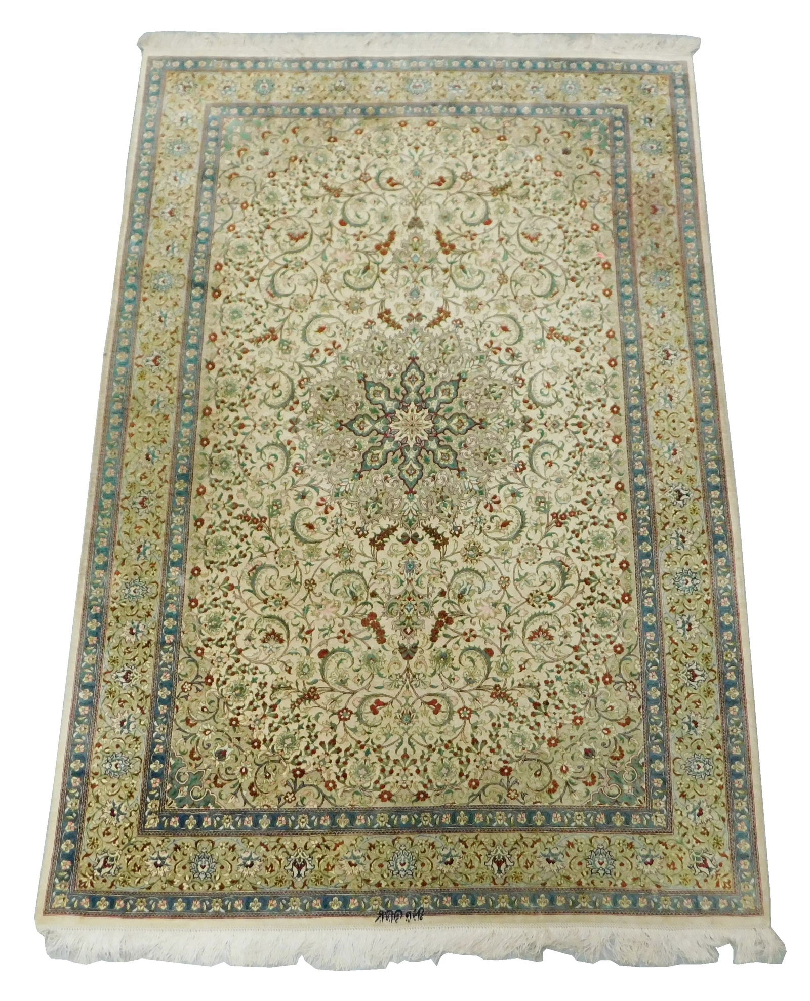 RUG: Modern Persian Tabriz scatter rug, 6' 6?? x 4' 4??, possibly silk, signed at one end, overall (1 of 6)