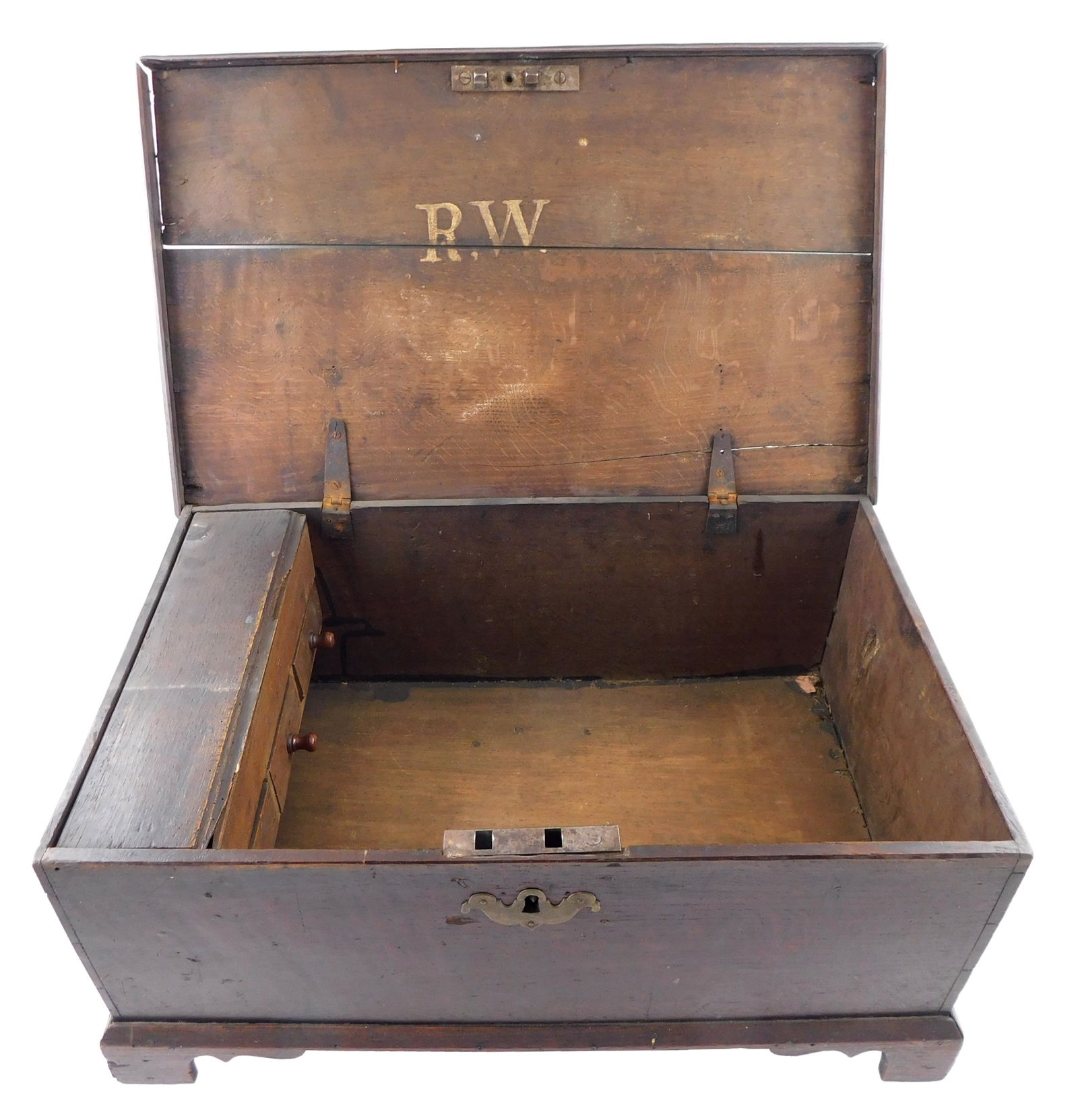 Diminutive blanket chest, American or English, early 18th C. oak, two board edge molded lid with (1 of 3)