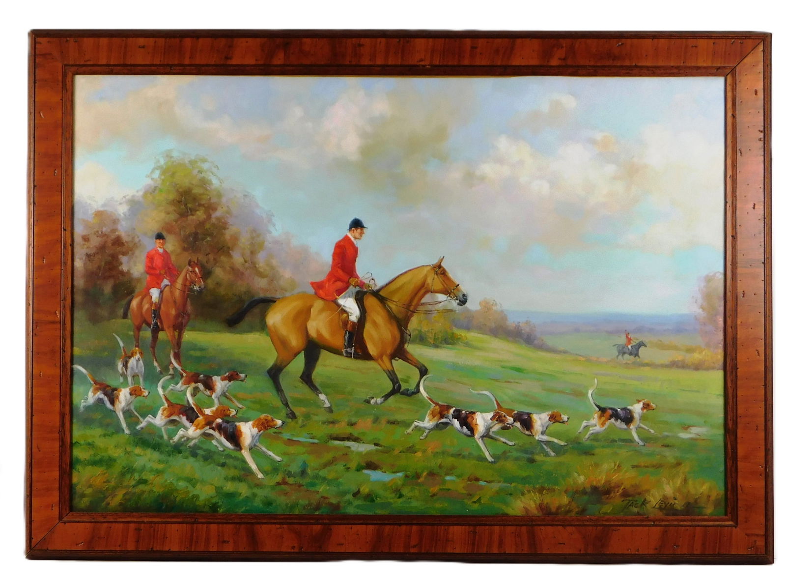 Jack Levine (British, 20th/21st C.) "Off to the Hunt", oil on canvas, horseman in red hunting coats: Jack Levine (British, 20th/21st C.) "Off to the Hunt", oil on canvas, horseman in red hunting coats and hounds on the run, signed lower right, framed, exhibition label verso, wear consistent with age,