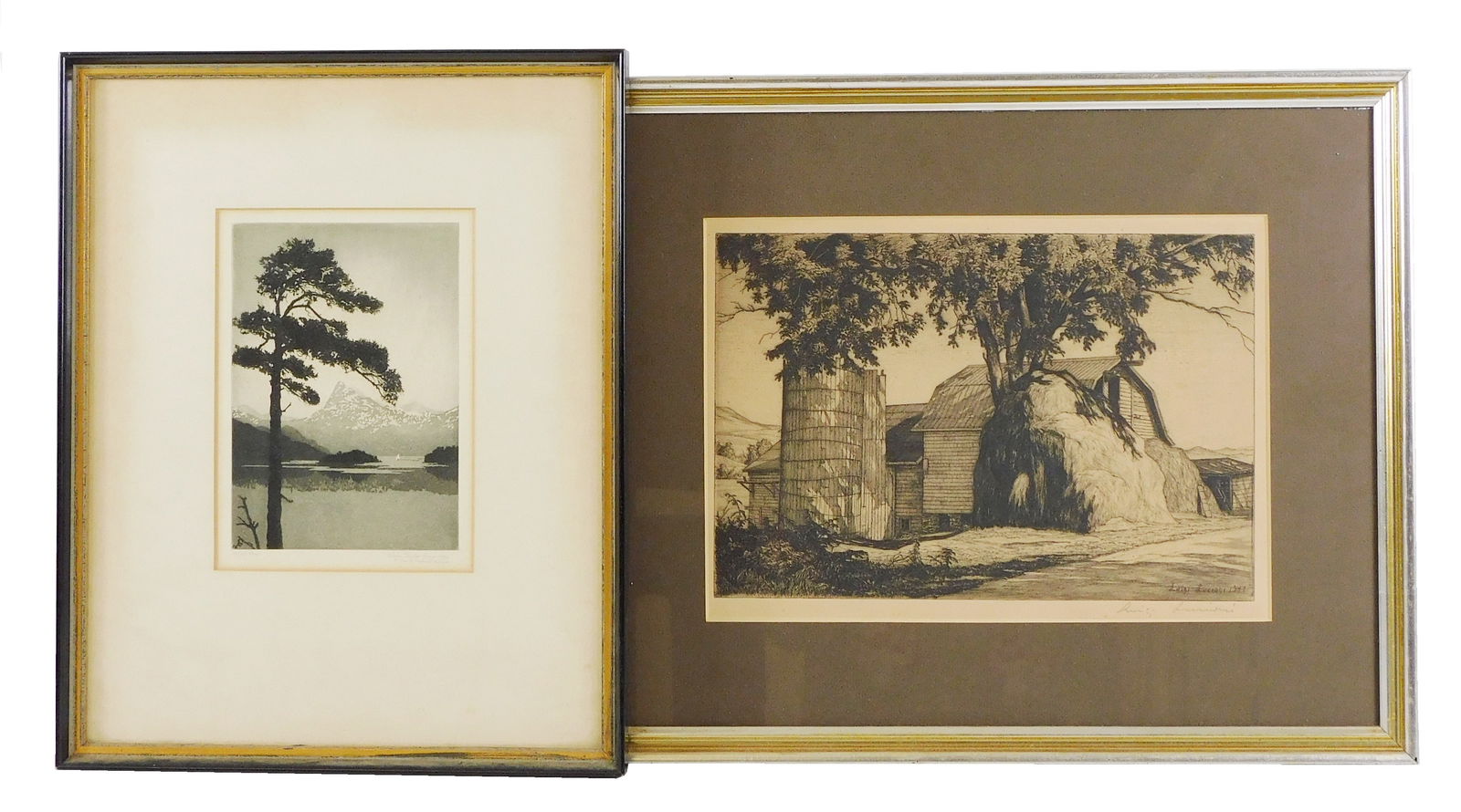 John Taylor Arms and Luigi Lucioni, two etchings: Luigi Lucioni (American 1900-1988), "The Big: John Taylor Arms and Luigi Lucioni, two etchings: Luigi Lucioni (American 1900-1988), "The Big Haystack", in the lower right signed and dated in plate 1947 and also signed in pencil, large hay mounds
