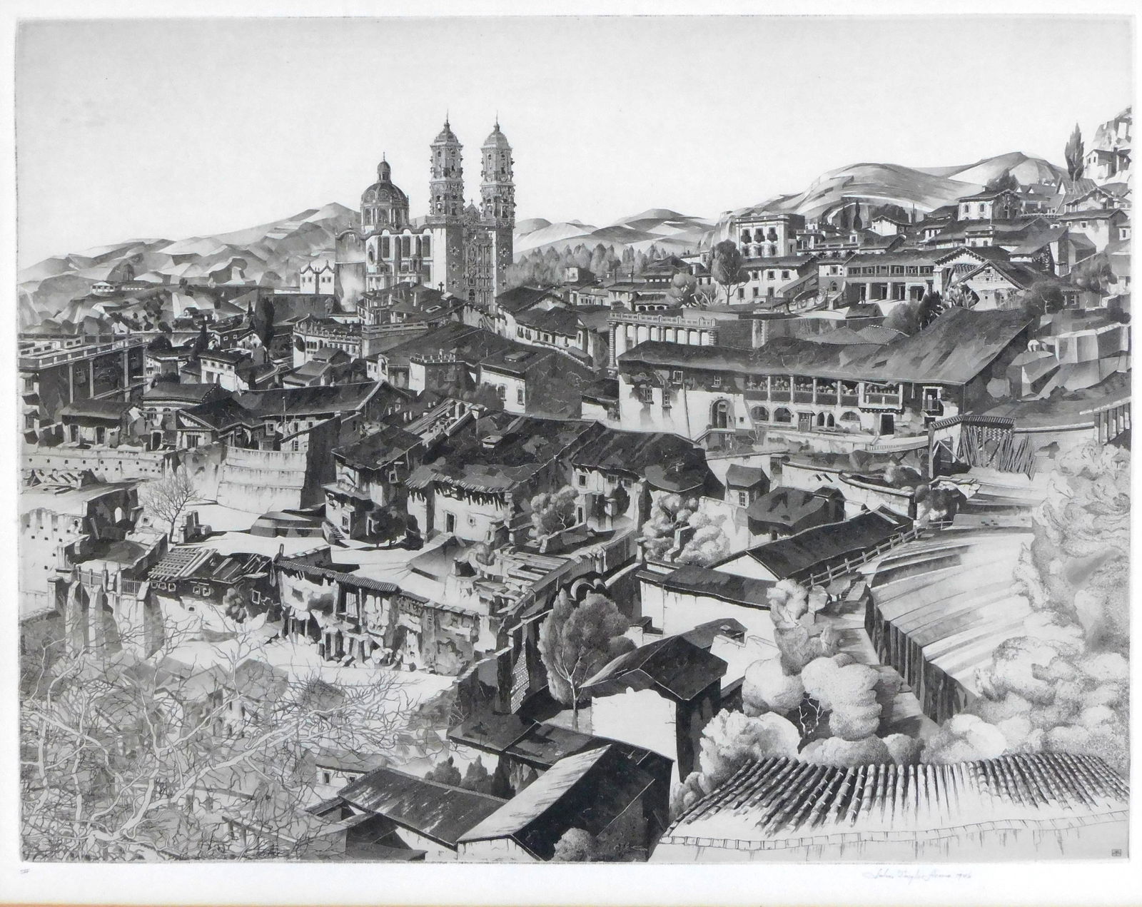 John Taylor Arms (American 1887-1953), "Light and Shade, Taxco", 1946, etching, depicts birds-eye (1 of 3)