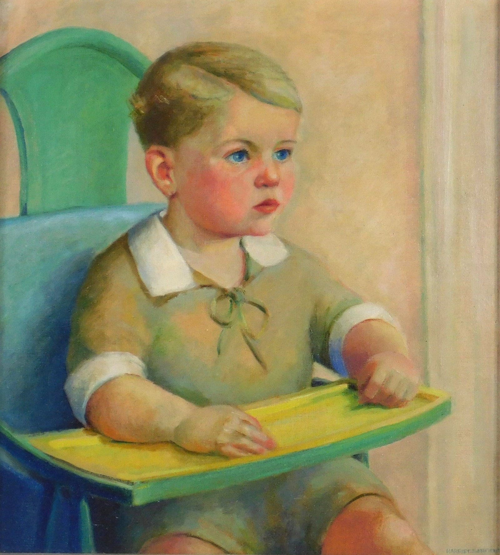 Harriet Sargent Graefe (American, b. 1905) oil on canvas, mid 20th C. portrait of blonde boy in high (1 of 5)