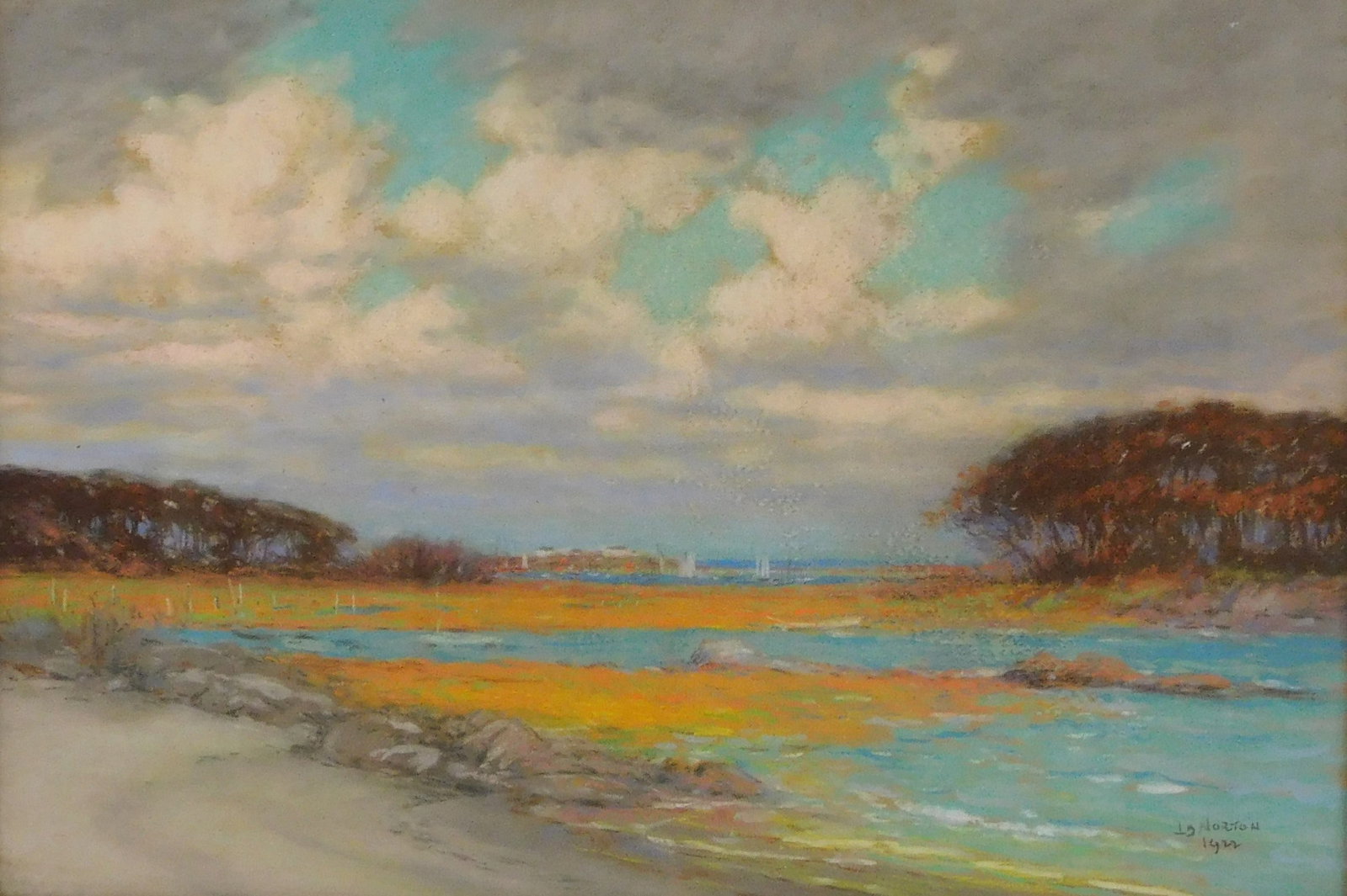Louis Doyle Norton (New England, 1868-1940) , pastel on paper, 1922, coastal estuary landscape with: Louis Doyle Norton (New England, 1868-1940) , pastel on paper, 1922, coastal estuary landscape with houses and boats in the distance, signed and dated lower right, framed behind glass, wear consistent