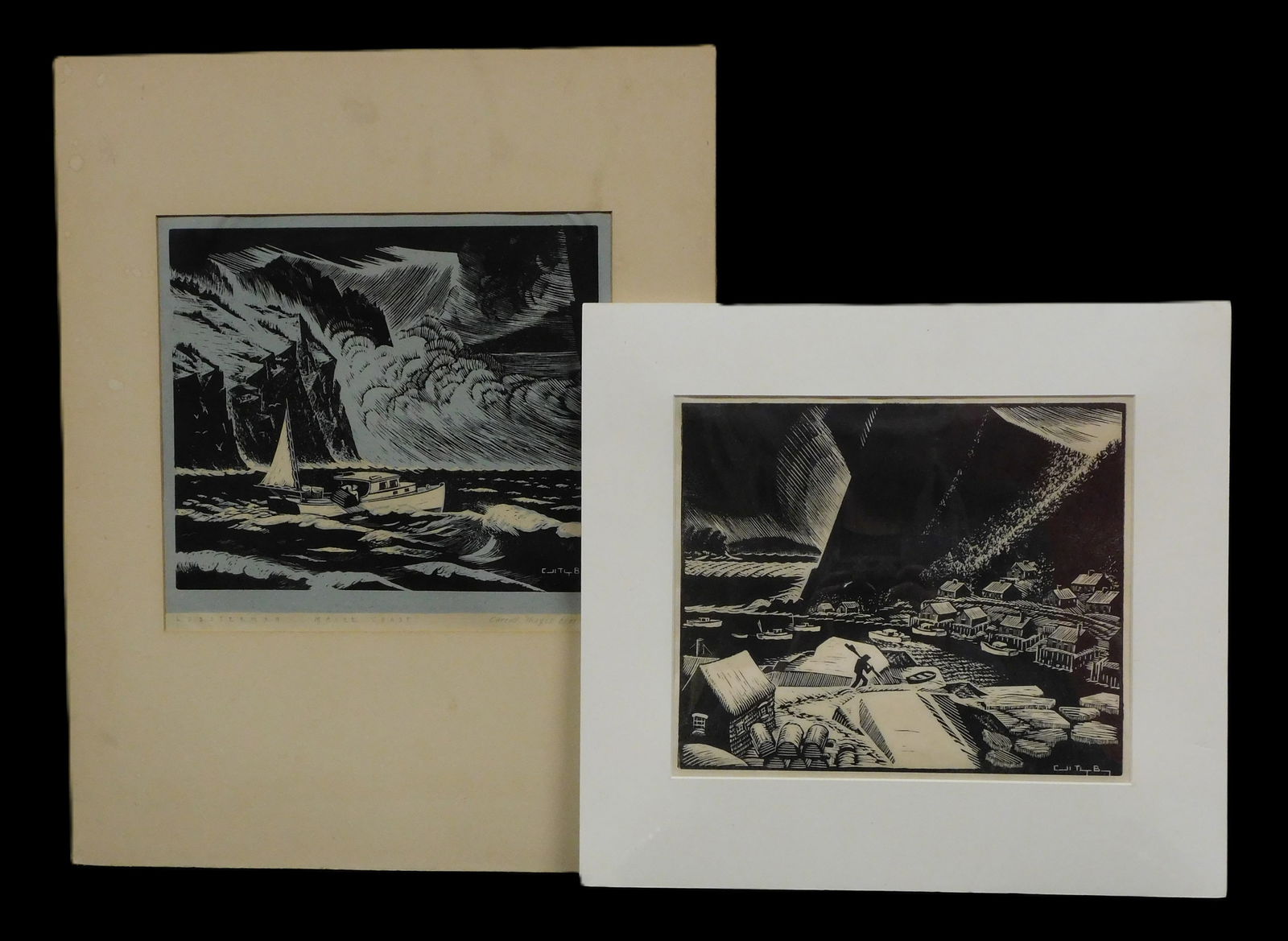 Carroll Thayer Berry (Maine, 1886-1978), two maritime Chiaroscuro woodcuts, including: "Lobsterman (1 of 5)