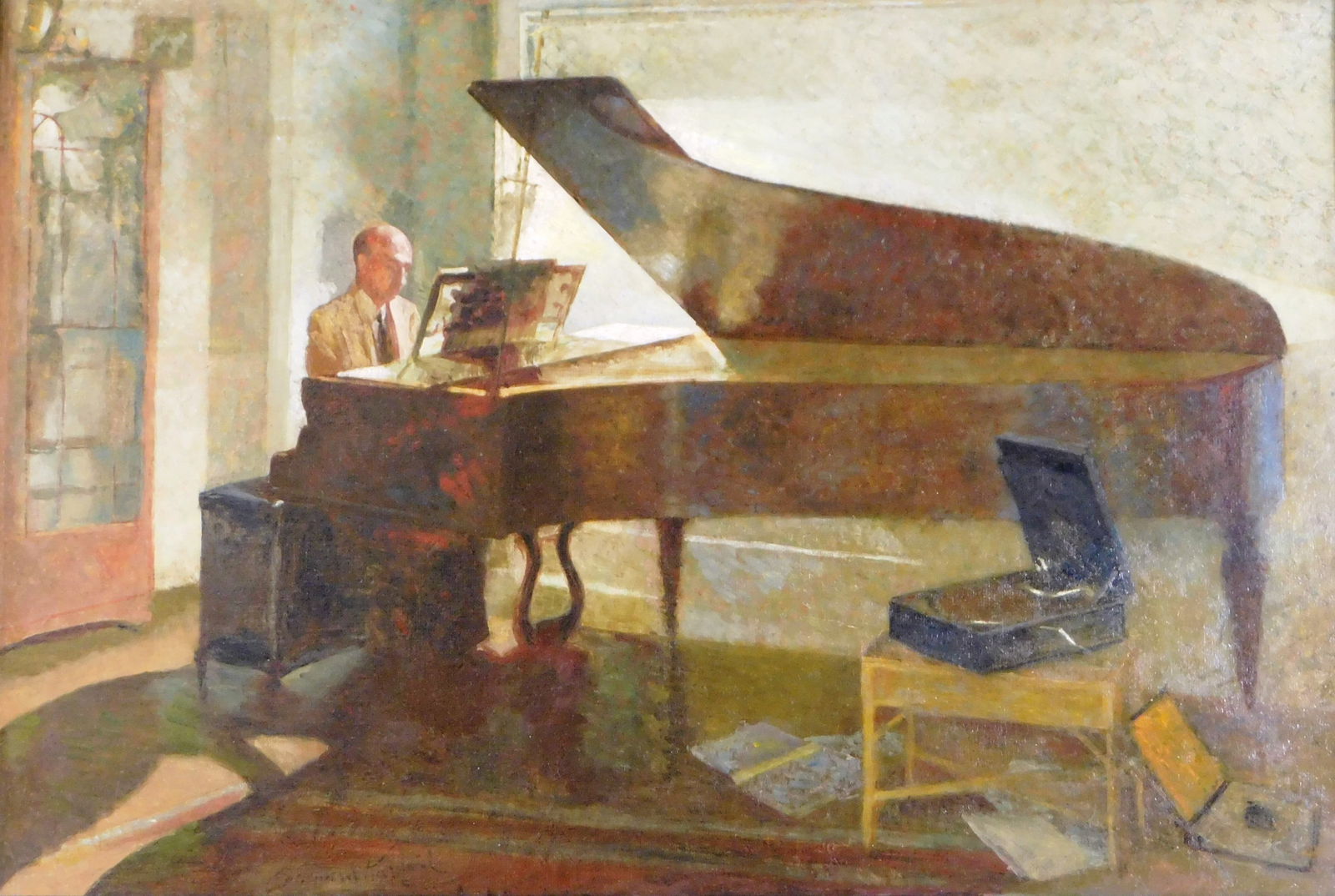 Oil on canvas, interior scene of a a man seated at grand piano, signed lower left, appears to be (1 of 4)