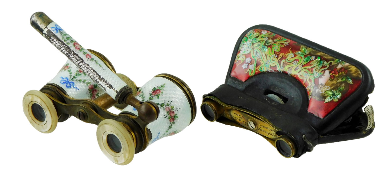 Opera glasses, 19th C., two pairs, the first a French collapsible pair with hand painted enamel (1 of 3)