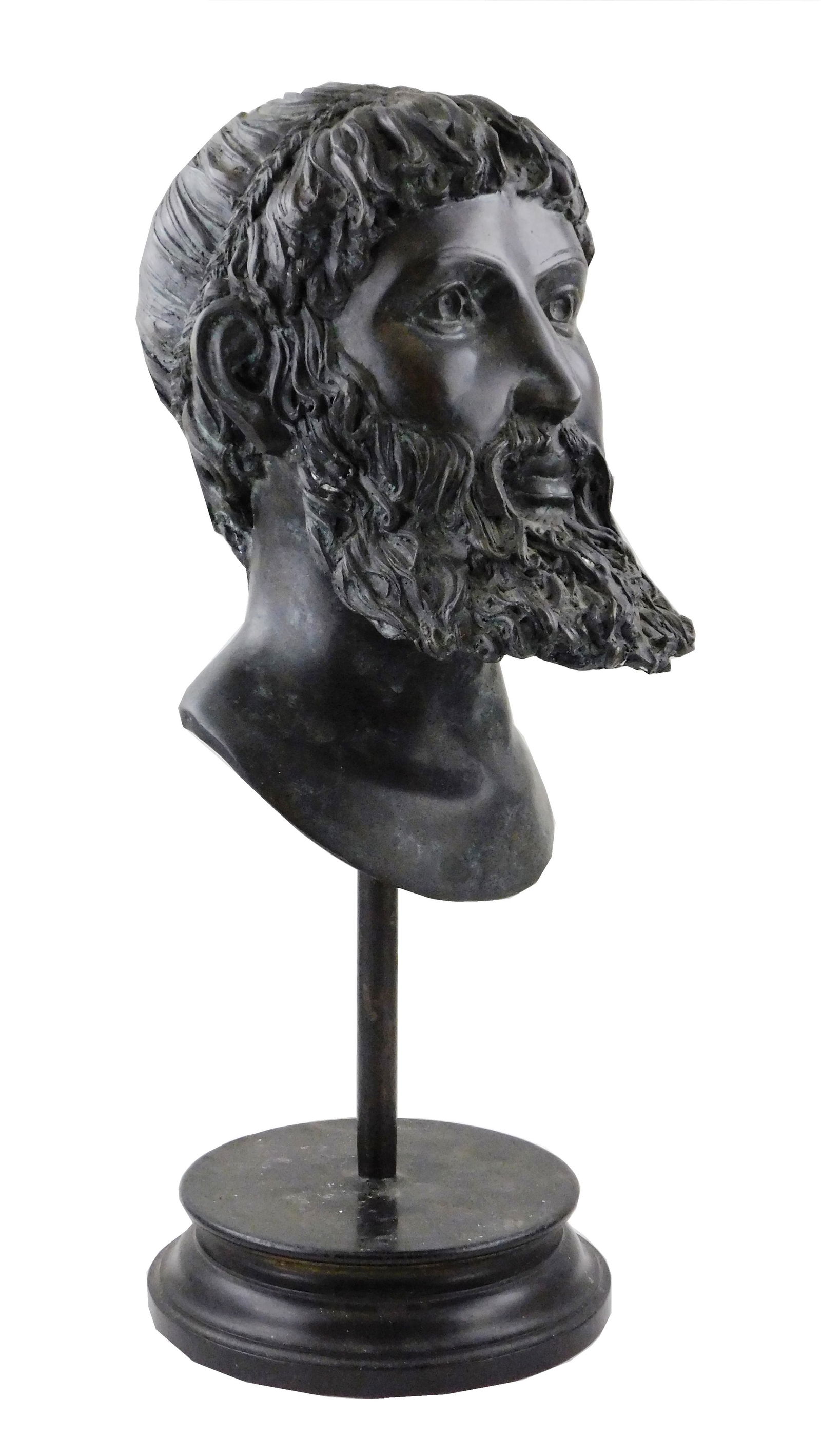 SCULPTURE: Bronzed Greco-Roman bust of man with beard, wearing a reef band, supported on a metal rod (1 of 4)