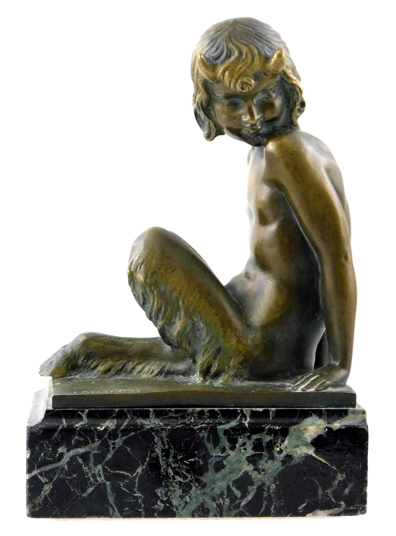 SCULPTURE: Pierre Laurel (French 1892 - 1962) "Seated Faun", bronze, on marble plinth, stamped on (1 of 4)