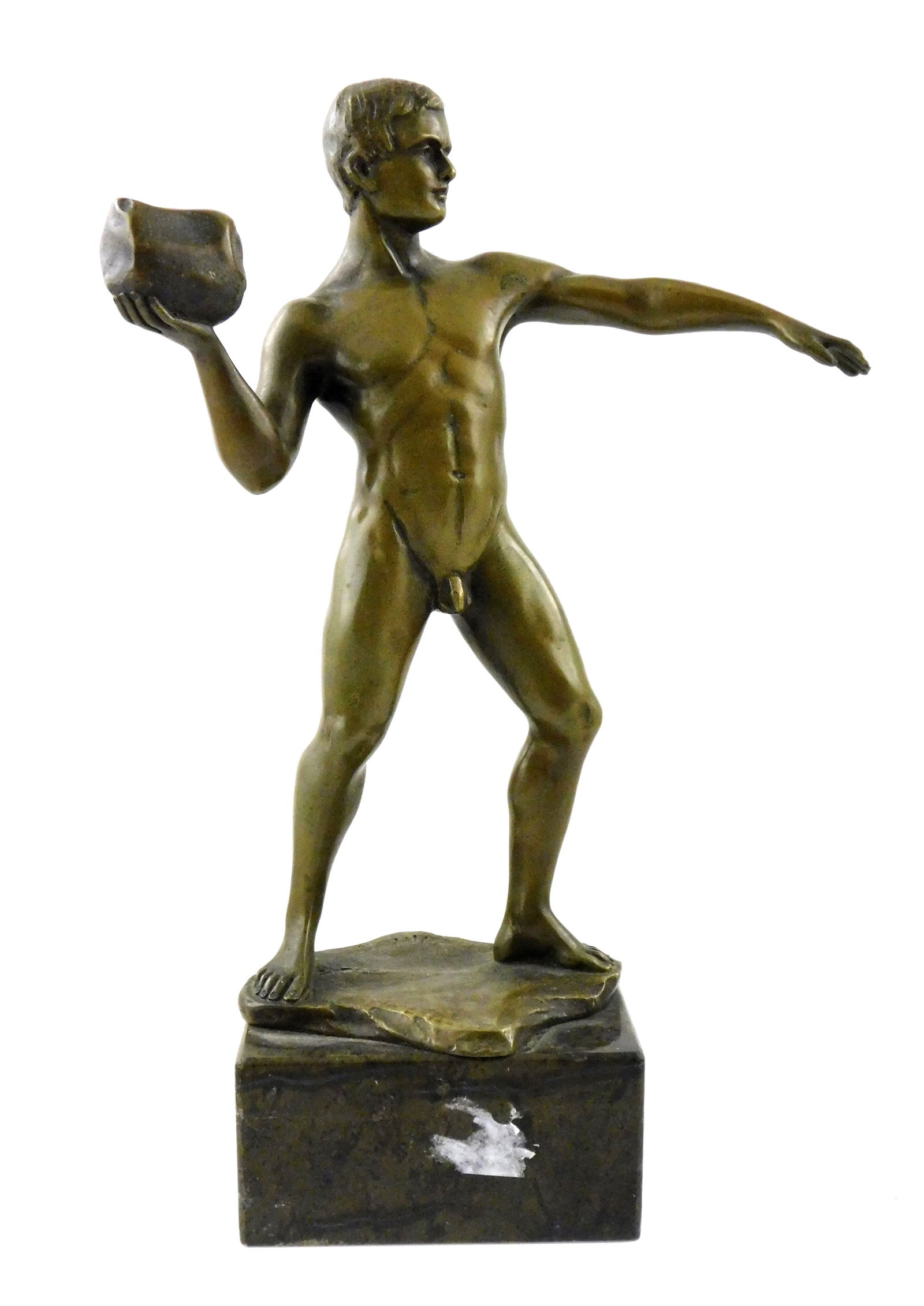 SCULPTURE: Hans Keck (Austrian, 1875 - 1941) "The Stone Thrower", early 20th C. bronze, nude male: SCULPTURE: Hans Keck (Austrian, 1875 - 1941) "The Stone Thrower", early 20th C. bronze, nude male holding stone, on marble plinth, "H. Keck" stamped into bronze base, wear consistent with age, chips o