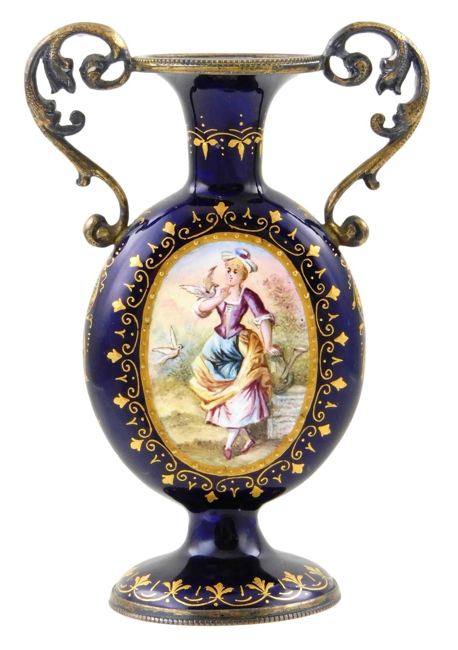 Ludwig Politzer Viennese enamel painted miniature vase, mid to late 19th C., tested silver metal (1 of 5)