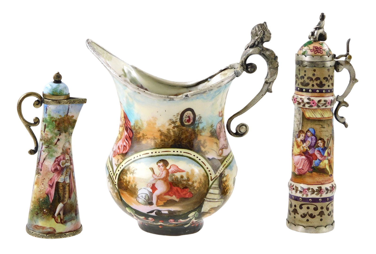 Viennese and Austrian enamel painted miniature pitchers and stein, 19th C., three pieces, including: (1 of 6)