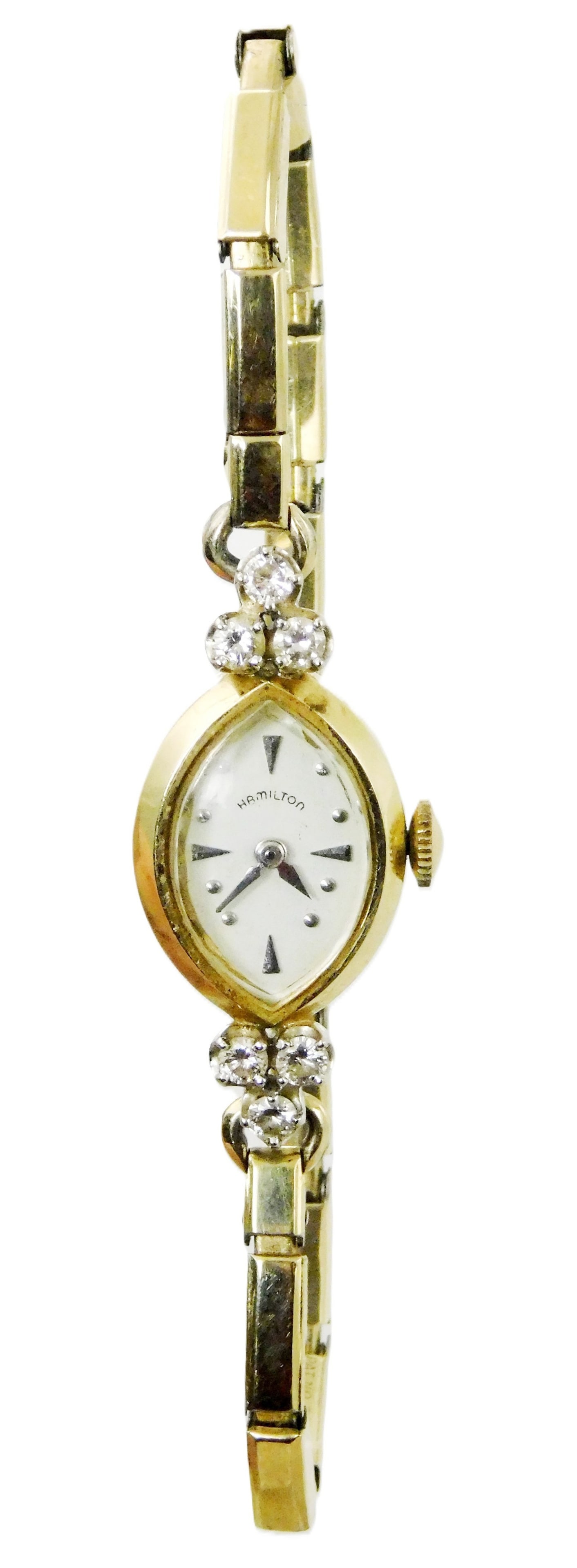 JEWELRY: 14K Woman’s Hamilton diamond watch, manual wind movement, signed: “Hamilton, 22 Jewels, (1 of 4)