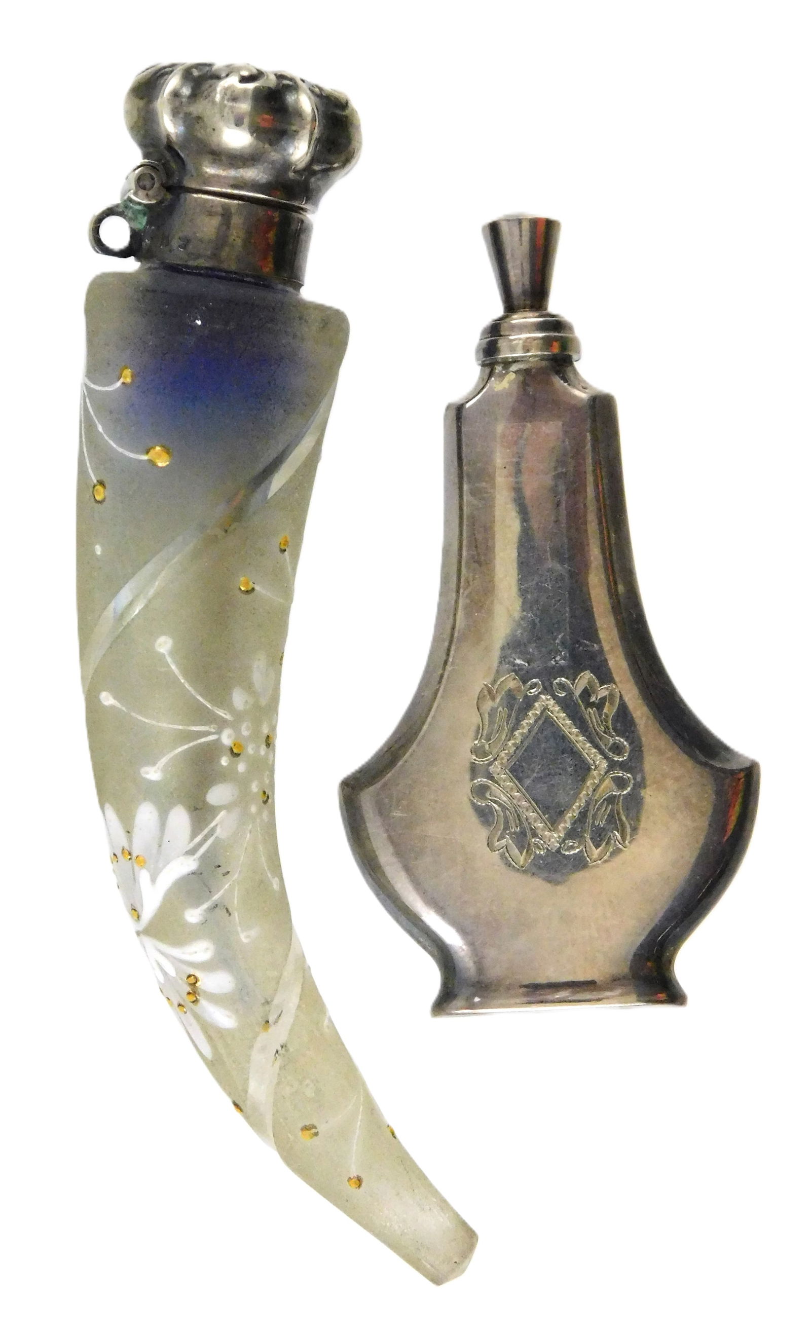 Two diminutive perfume bottles, one Japanese-made sterling silver with etched design on flared flask (1 of 3)