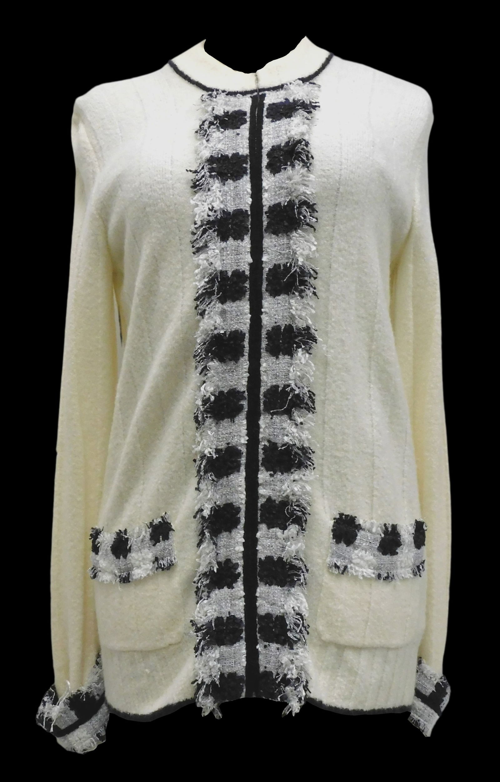 DESIGNER: CHANEL zip up cardigan, 83% cashmere/ 10% nylon/ 7% elite polyester, made in Italy, cream (1 of 3)