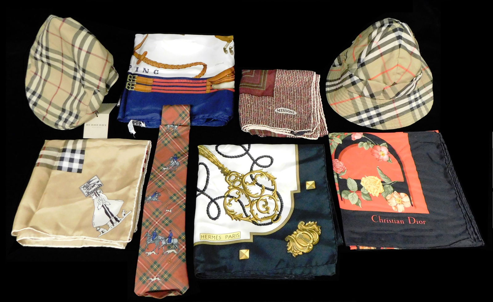 DESIGNER ACCESSORIES: HERMES, BURBERRY, GUCCI, CHRISTIAN DIOR, MISSONI, etc., eight pieces, (1 of 3)