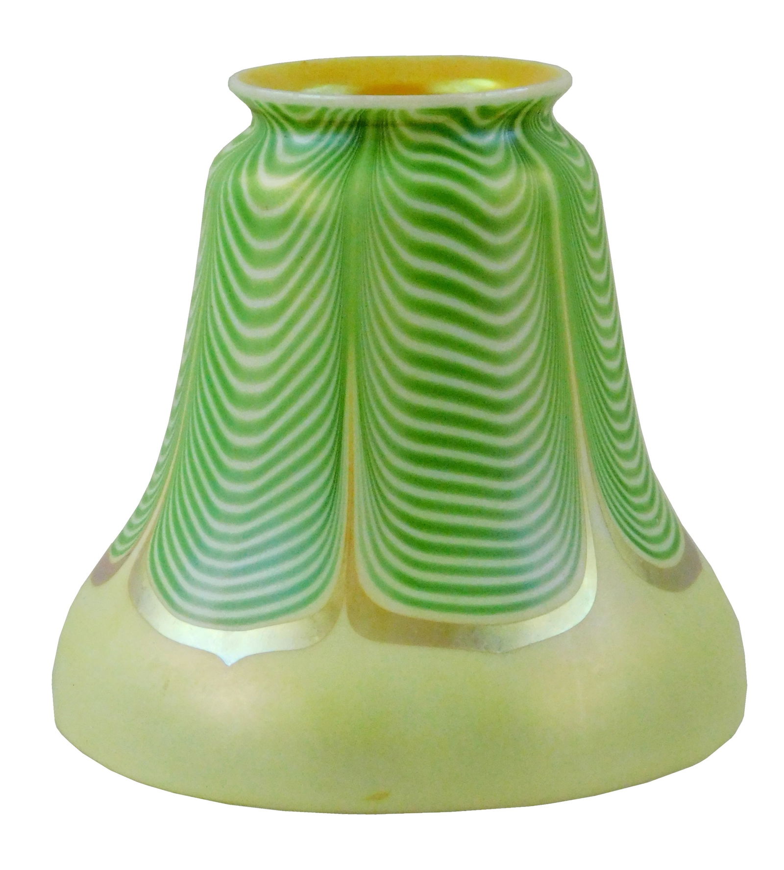 ART GLASS: Steuben type lampshade, bell shape, pulled feather pattern in iridescent green, gold and (1 of 3)