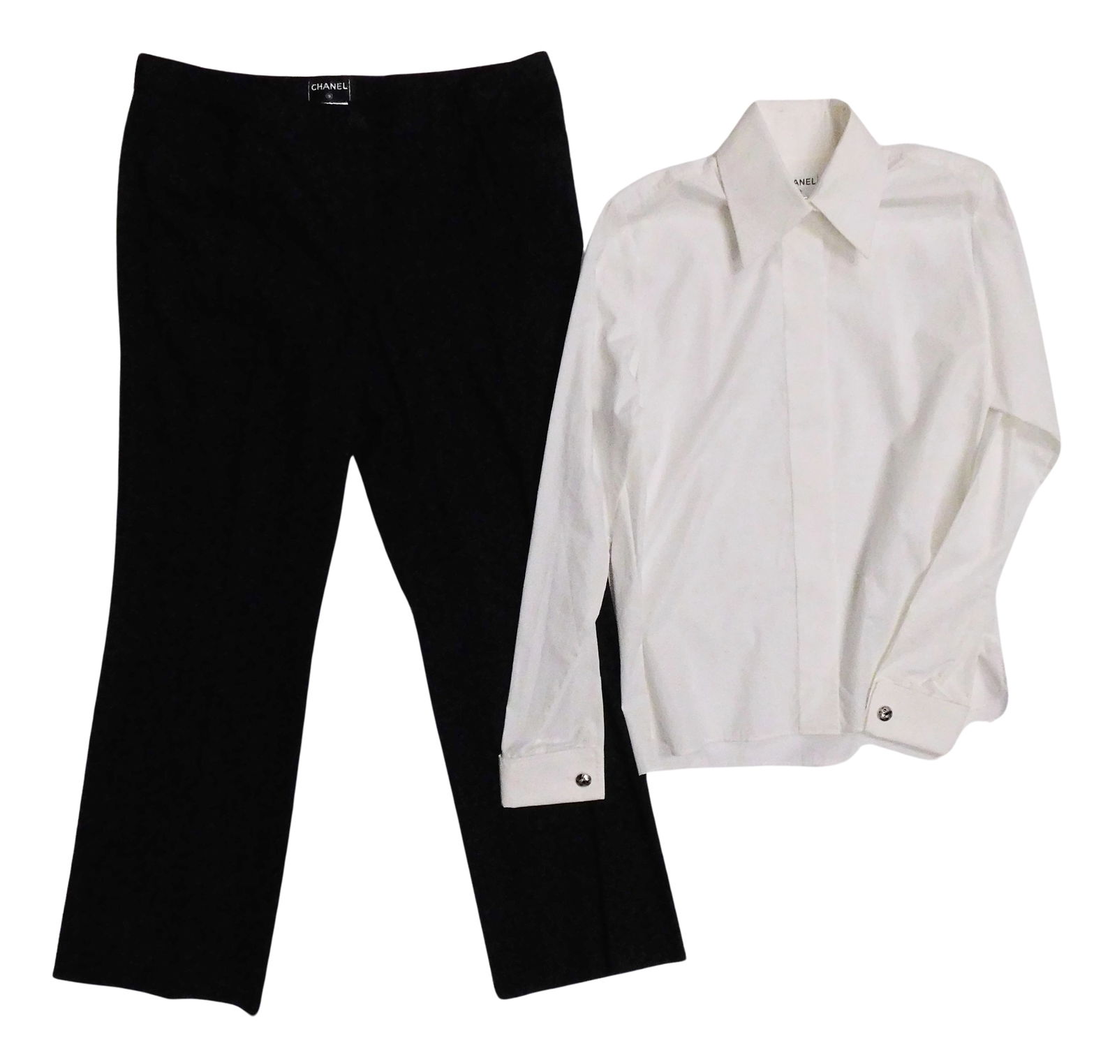 DESIGNER: CHANEL white dress shirt and pair of trousers, details include: button down blouse, 100% (1 of 5)