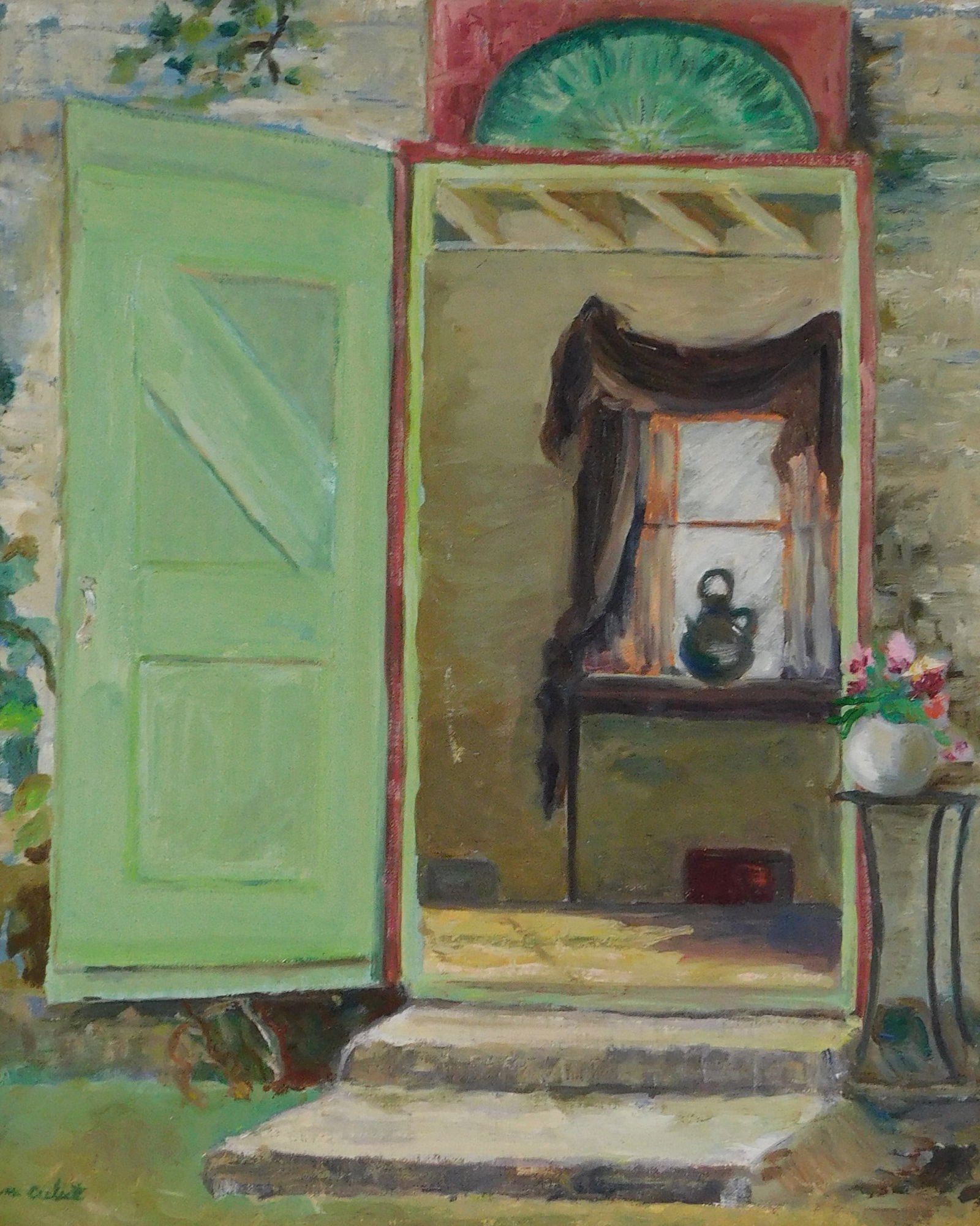 20th C. Oil on board, impressionistic depiction of an open green country door and stoop, with view (1 of 3)