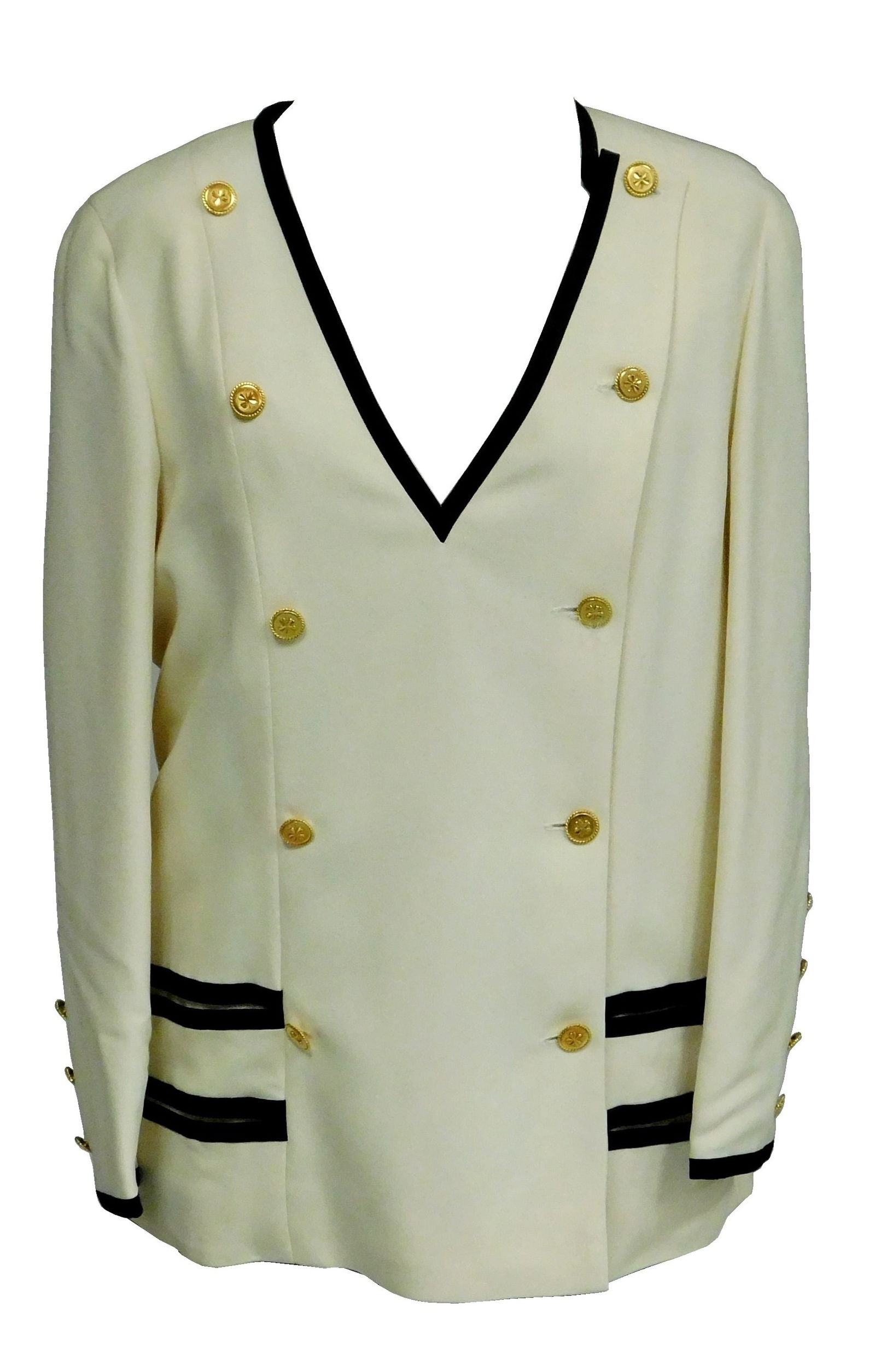 DESIGNER: CHANEL crepe silk blouse, vintage 1980’s, made in France, cream / black, gold clover (1 of 7)