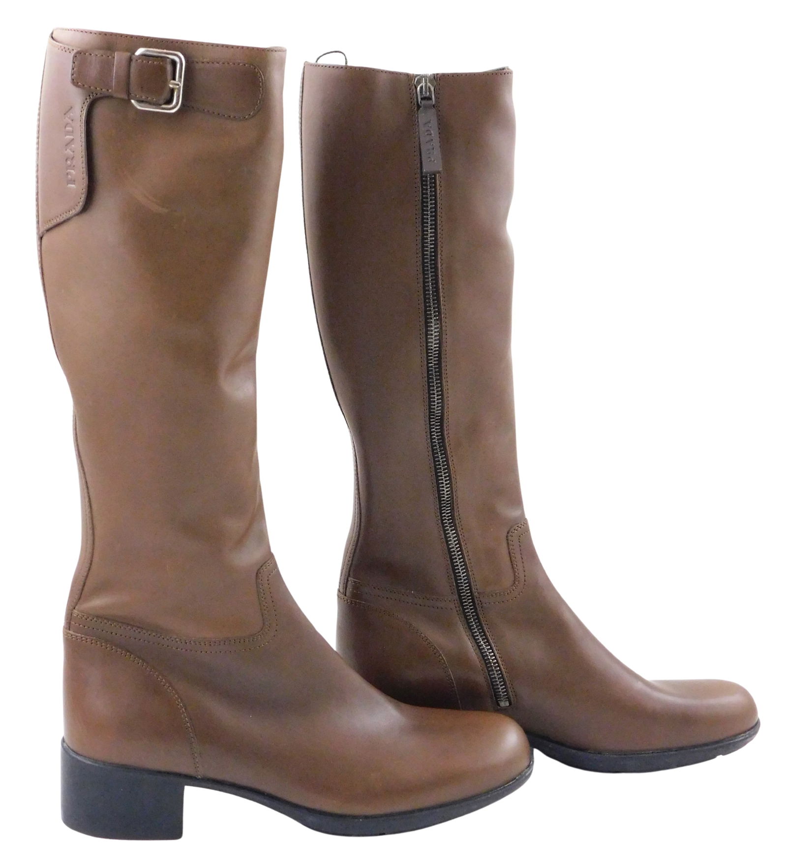 DESIGNER: PRADA Sport Linea Rosa riding boots, leather, made in Italy, brown/ black, zipper closure, (1 of 4)