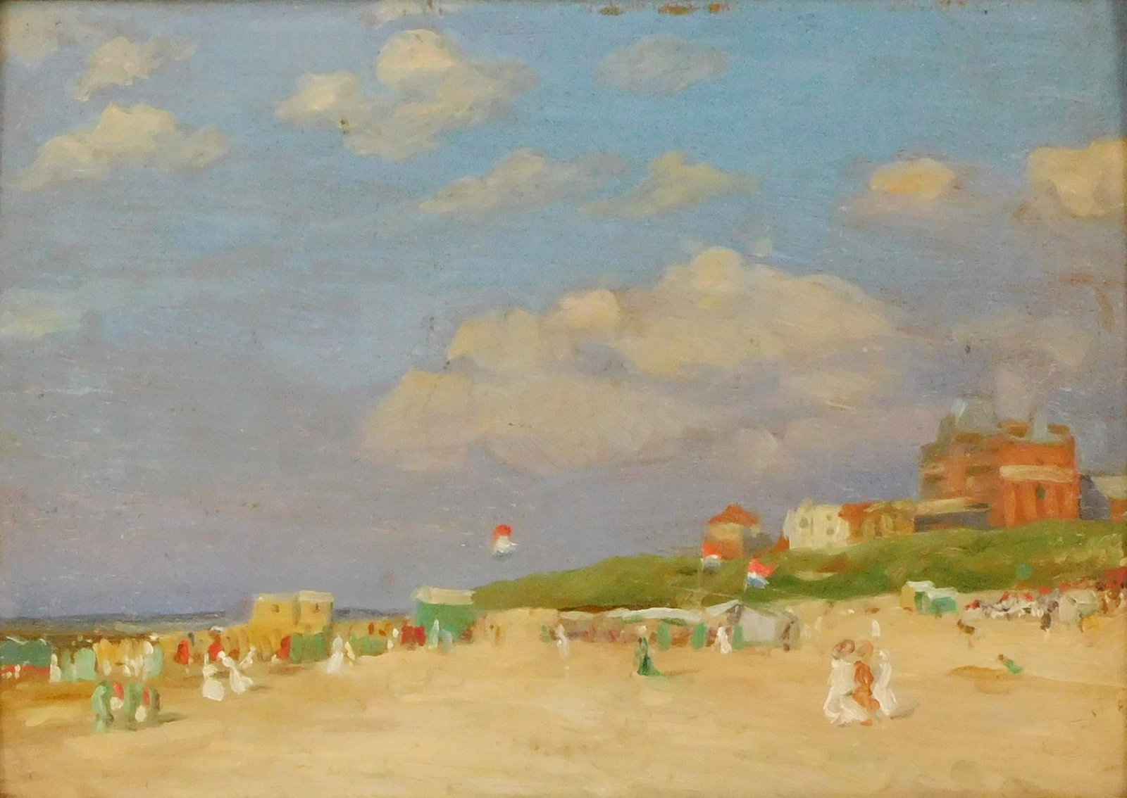 Late 19th/early 20th C. impressionistic beach scene, oil on wood panel, depicting figures in (1 of 5)