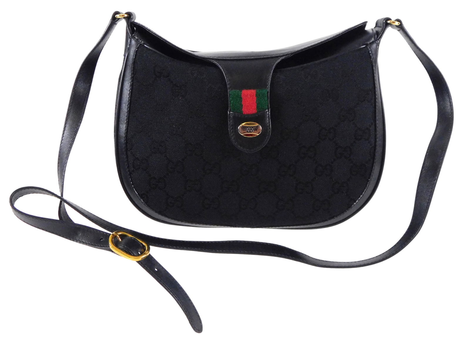 DESIGNER: GUCCI emblem side bag, VINTAGE, canvas / leather, made in Italy, black GG print with iconi (1 of 3)